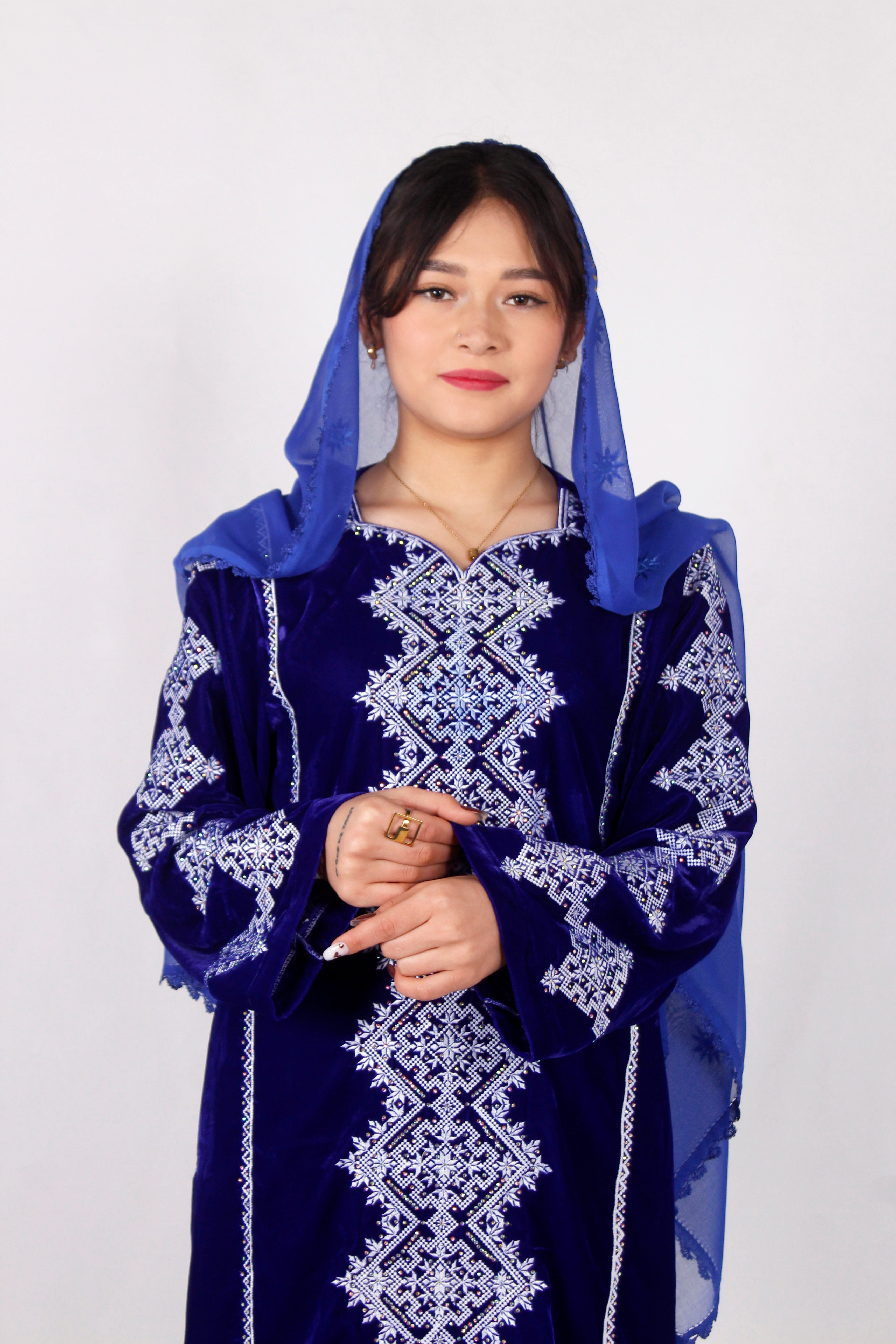 Velvet Hazaragi Embroidered Dress White Without Shawl