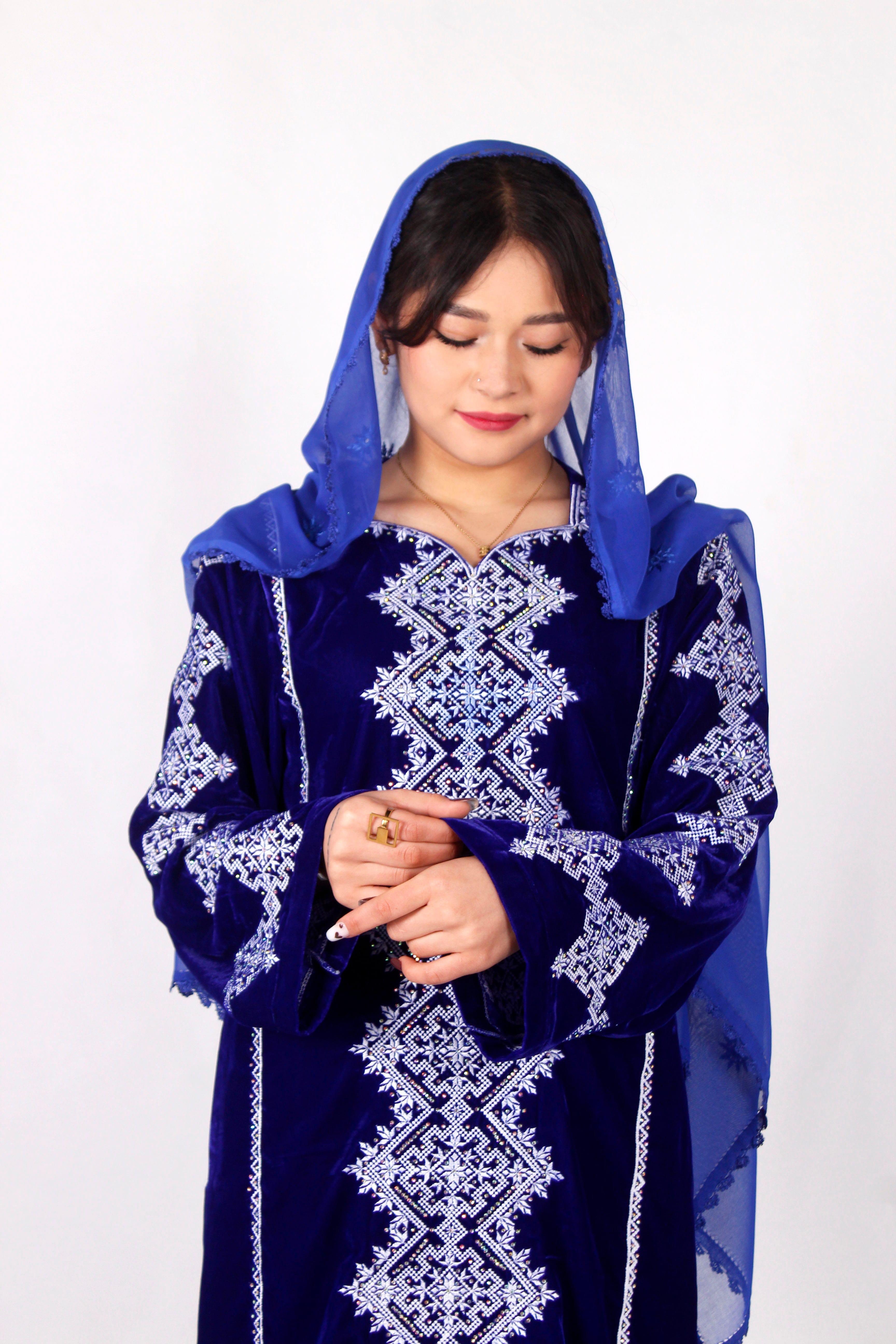 Velvet Hazaragi Embroidered Dress White Without Shawl