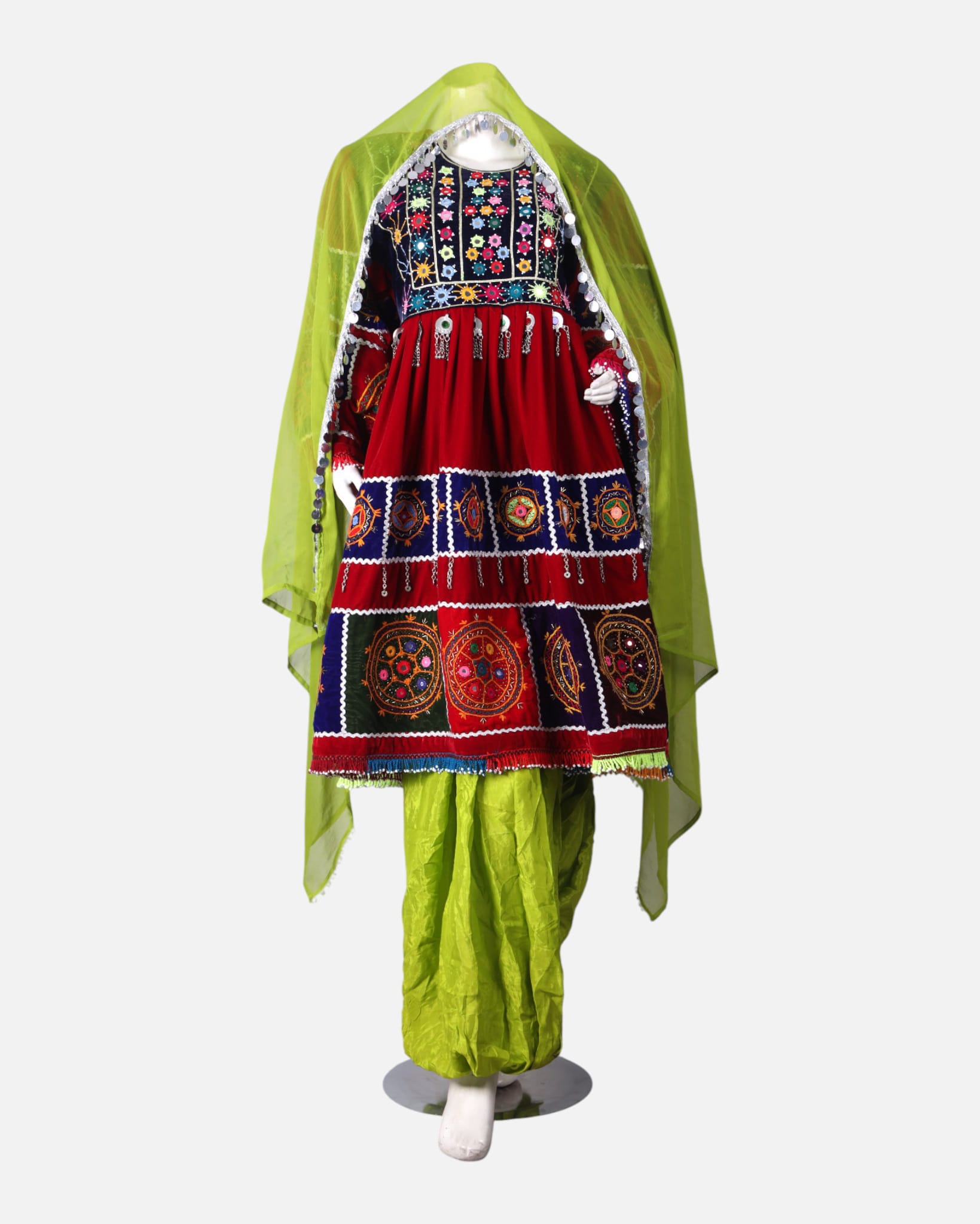 Traditional Afghan Wedding Velvet Dress with Hand Embroidery, Shawl & Shalwar
