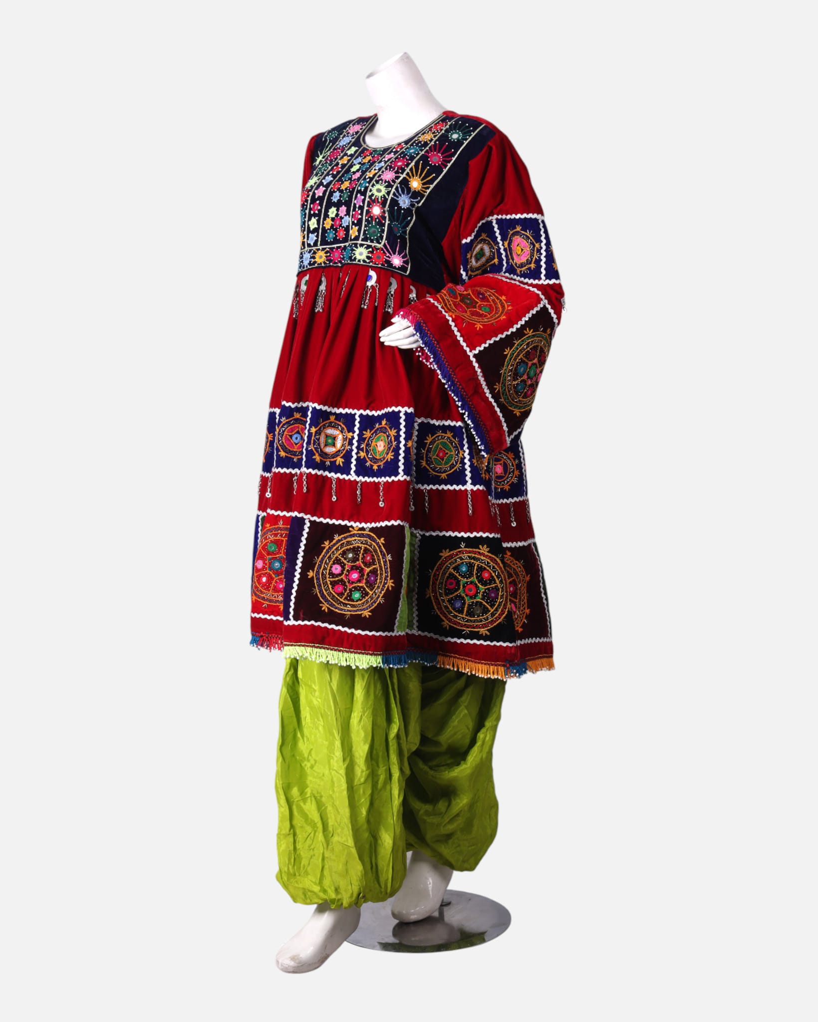 Traditional Afghan Wedding Velvet Dress with Hand Embroidery, Shawl & Shalwar