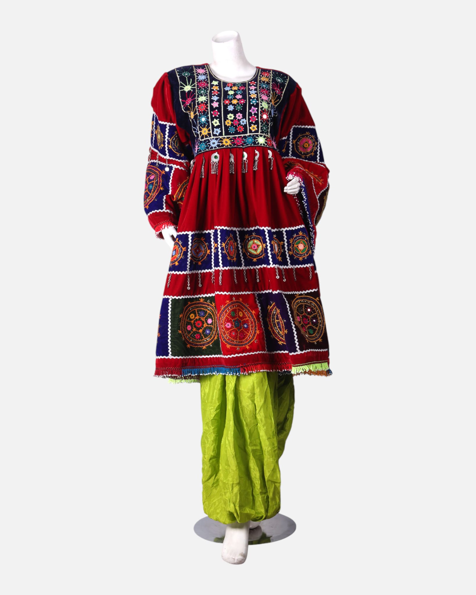 Traditional Afghan Wedding Velvet Dress with Hand Embroidery, Shawl & Shalwar