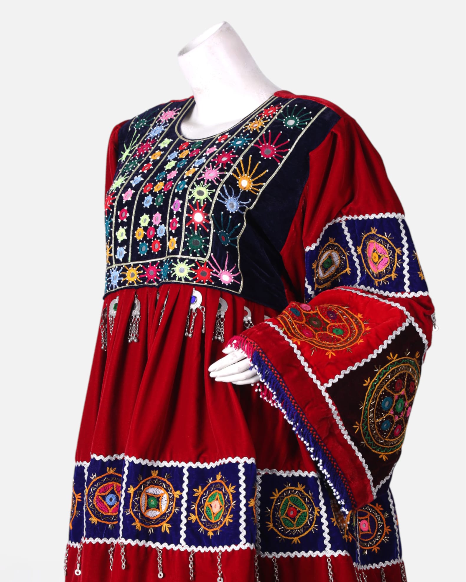 Traditional Afghan Wedding Velvet Dress with Hand Embroidery, Shawl & Shalwar