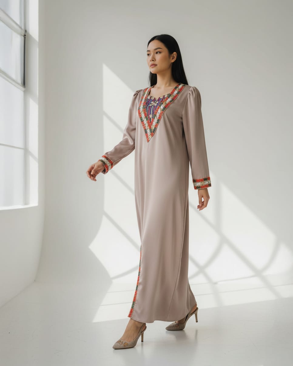 Embroidered Satin long Dress