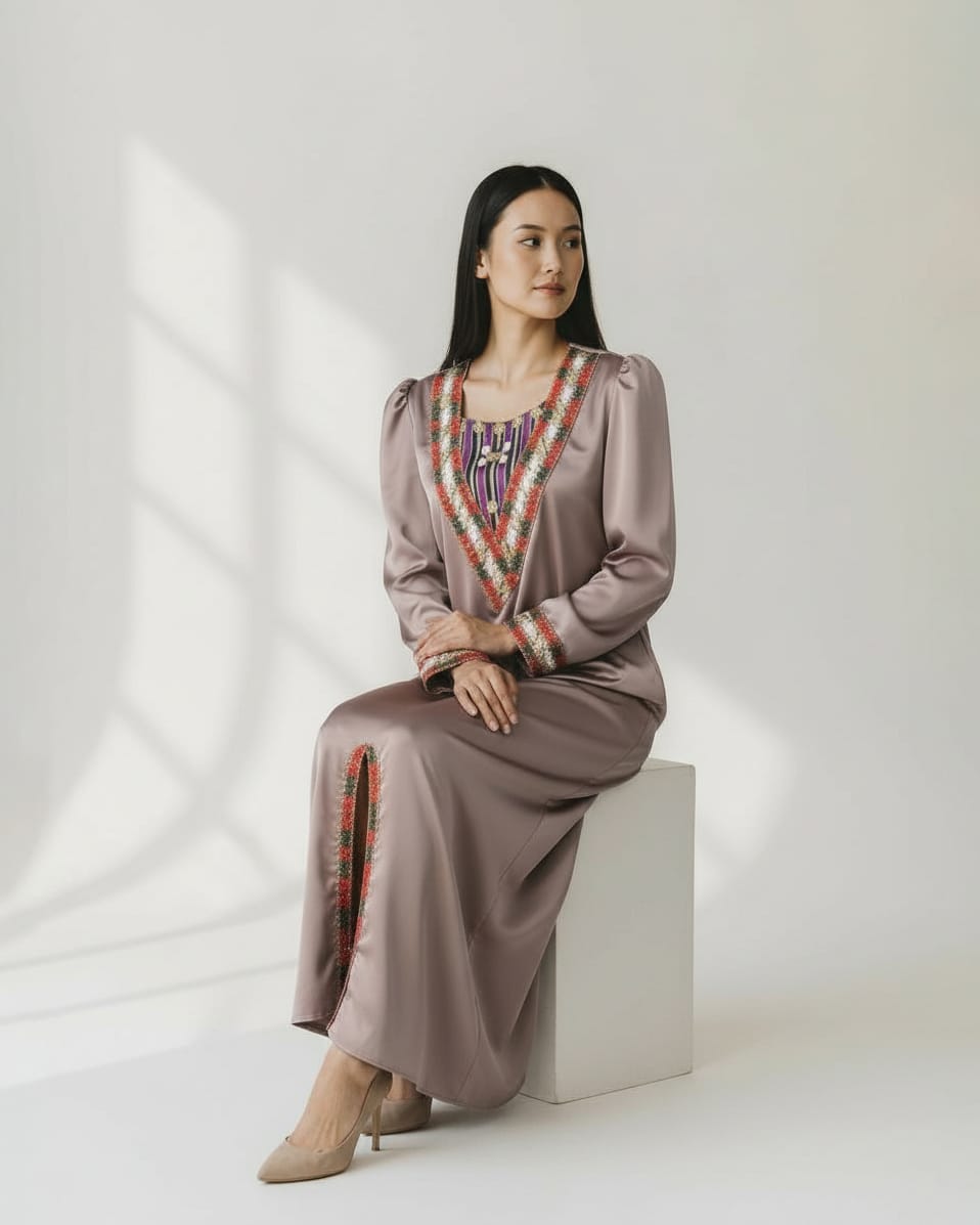 Embroidered Satin long Dress