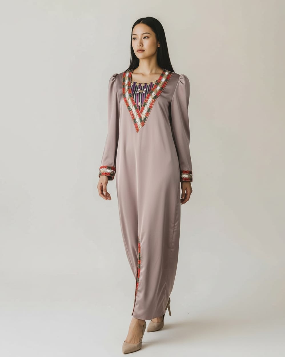 Embroidered Satin long Dress