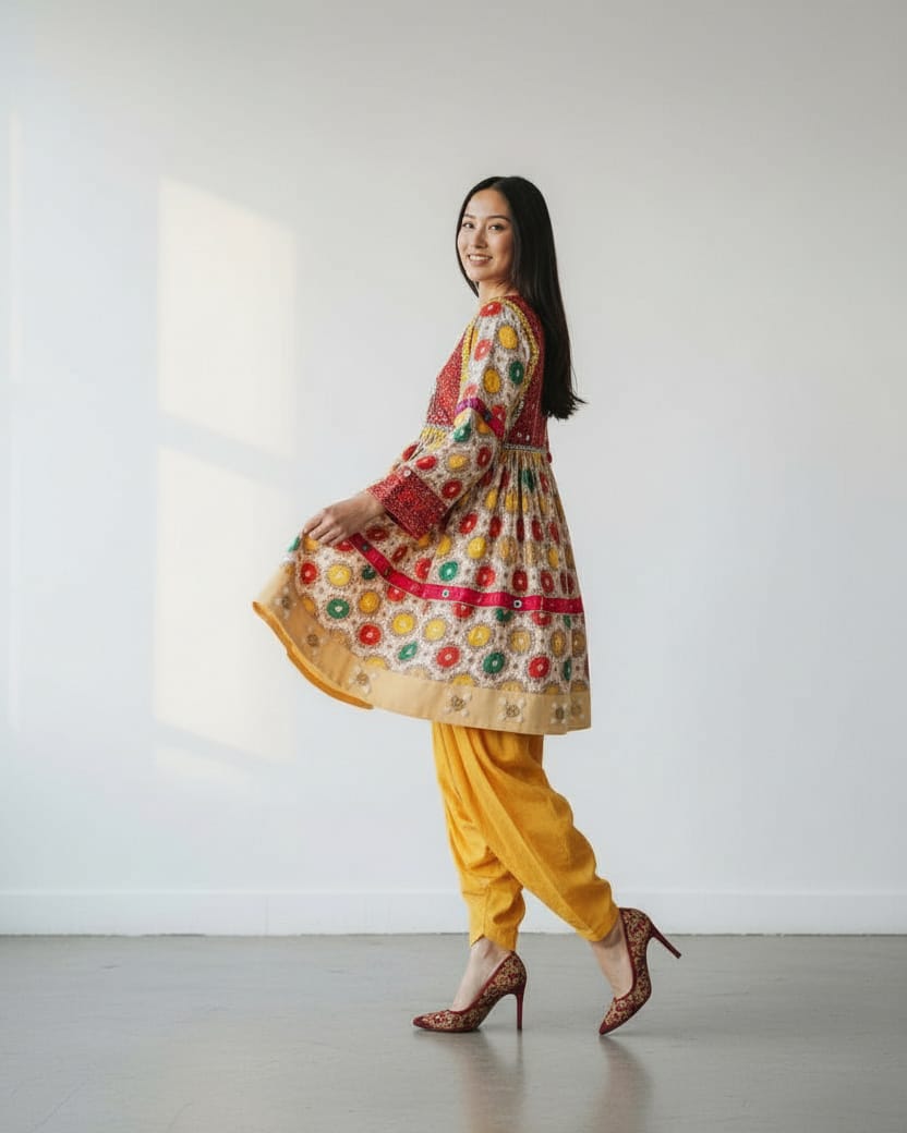 Afghan Embroidered Dress with Yellow Pants 2-piece