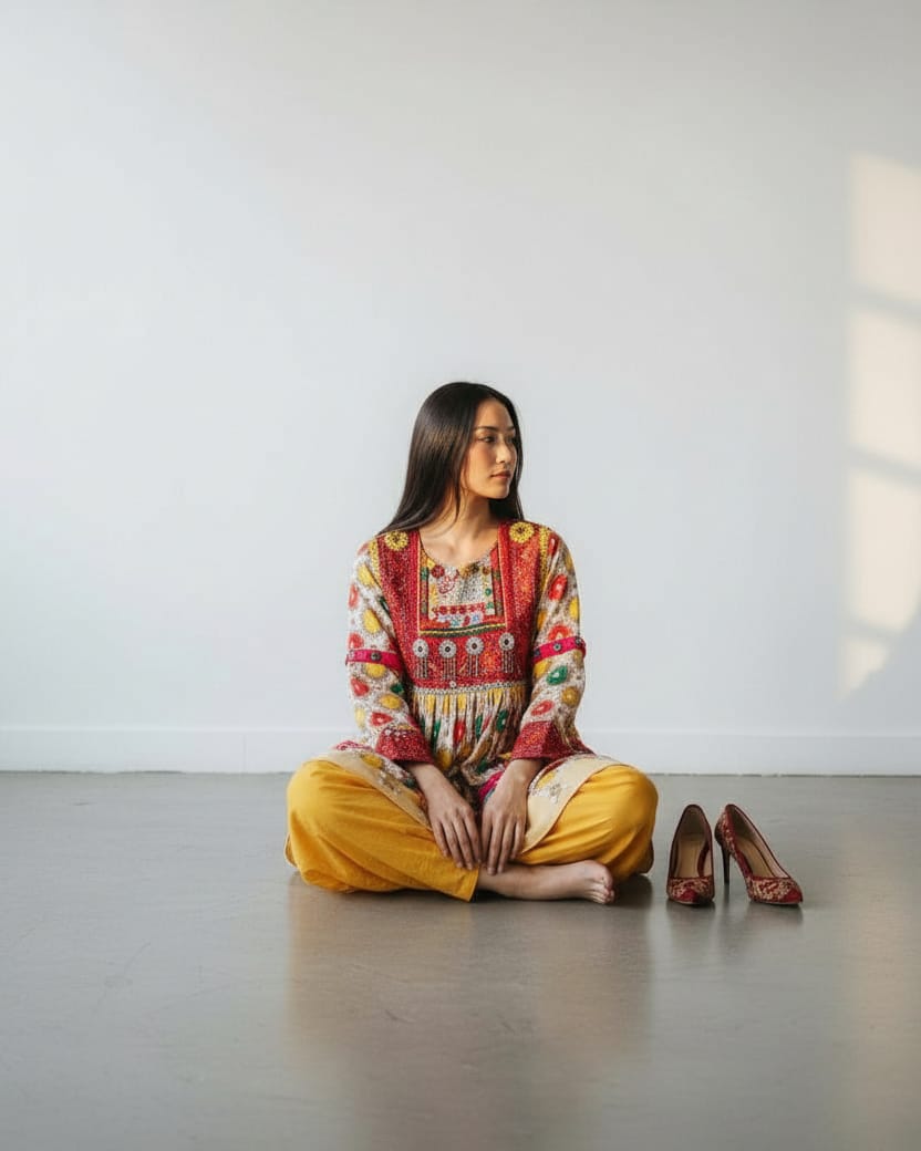 Afghan Embroidered Dress with Yellow Pants 2-piece