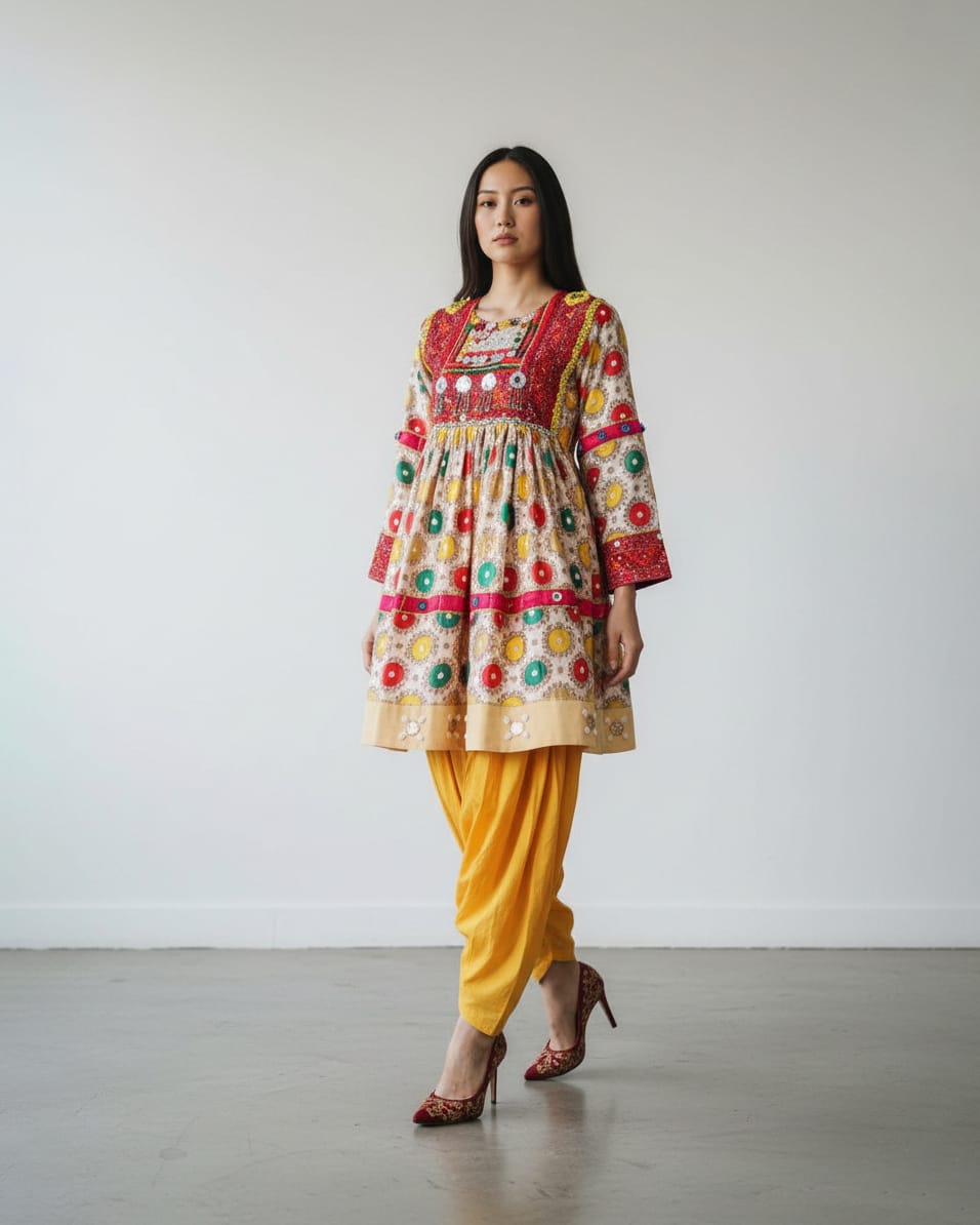 Afghan Embroidered Dress with Yellow Pants 2-piece
