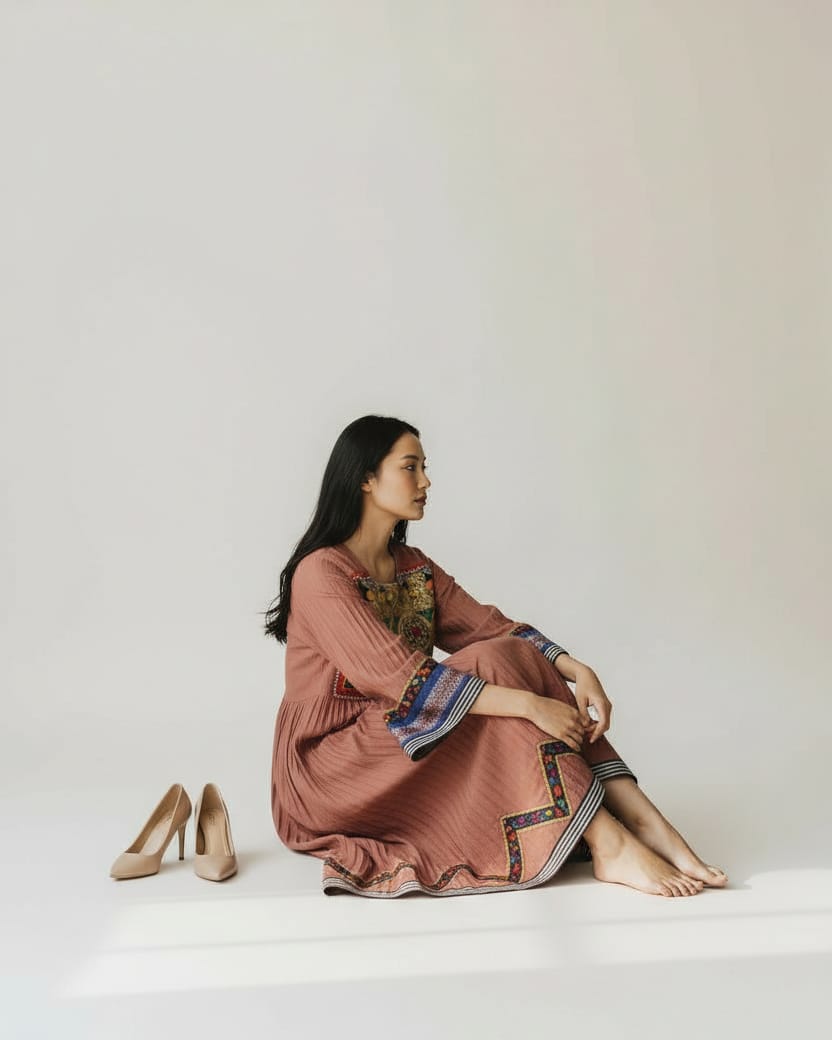 Afghan Pleated Cotton Long Dress