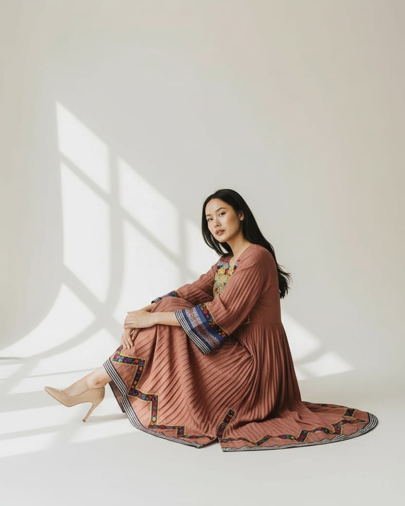 Afghan Pleated Cotton Long Dress