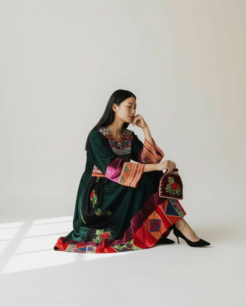Velvet Kuchi Dress Hand Embroidery