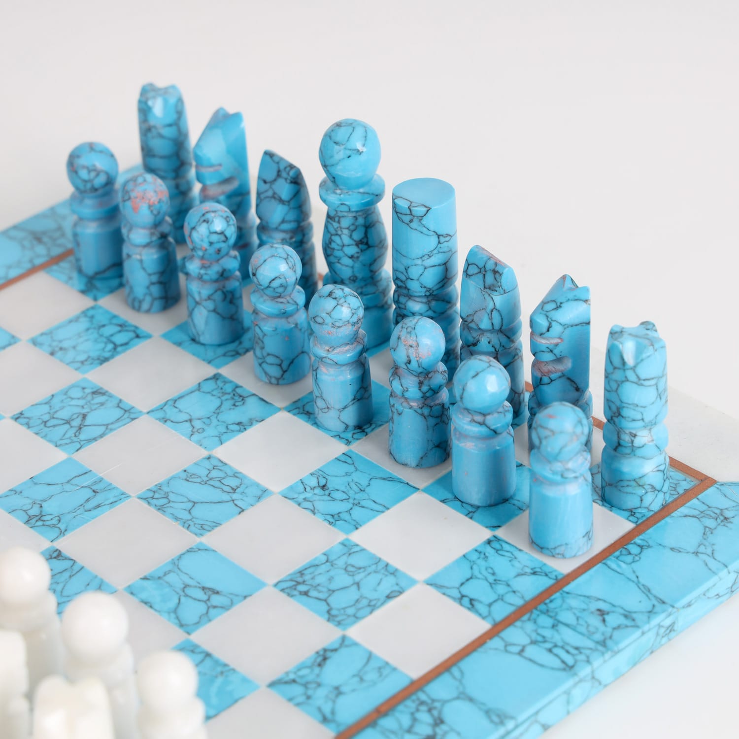 Handcrafted Blue & White Stone Chess Set with Box