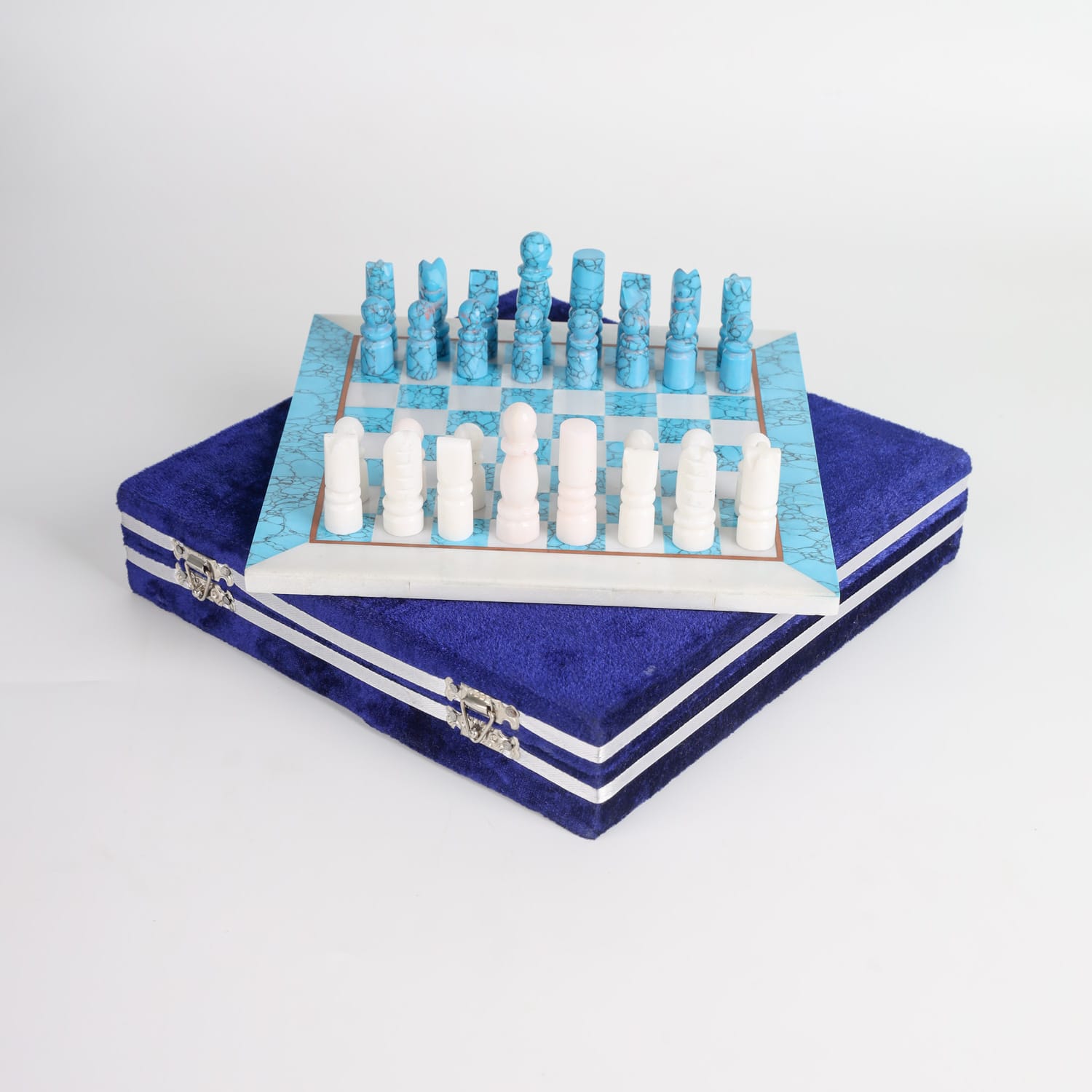 Handcrafted Blue & White Stone Chess Set with Box