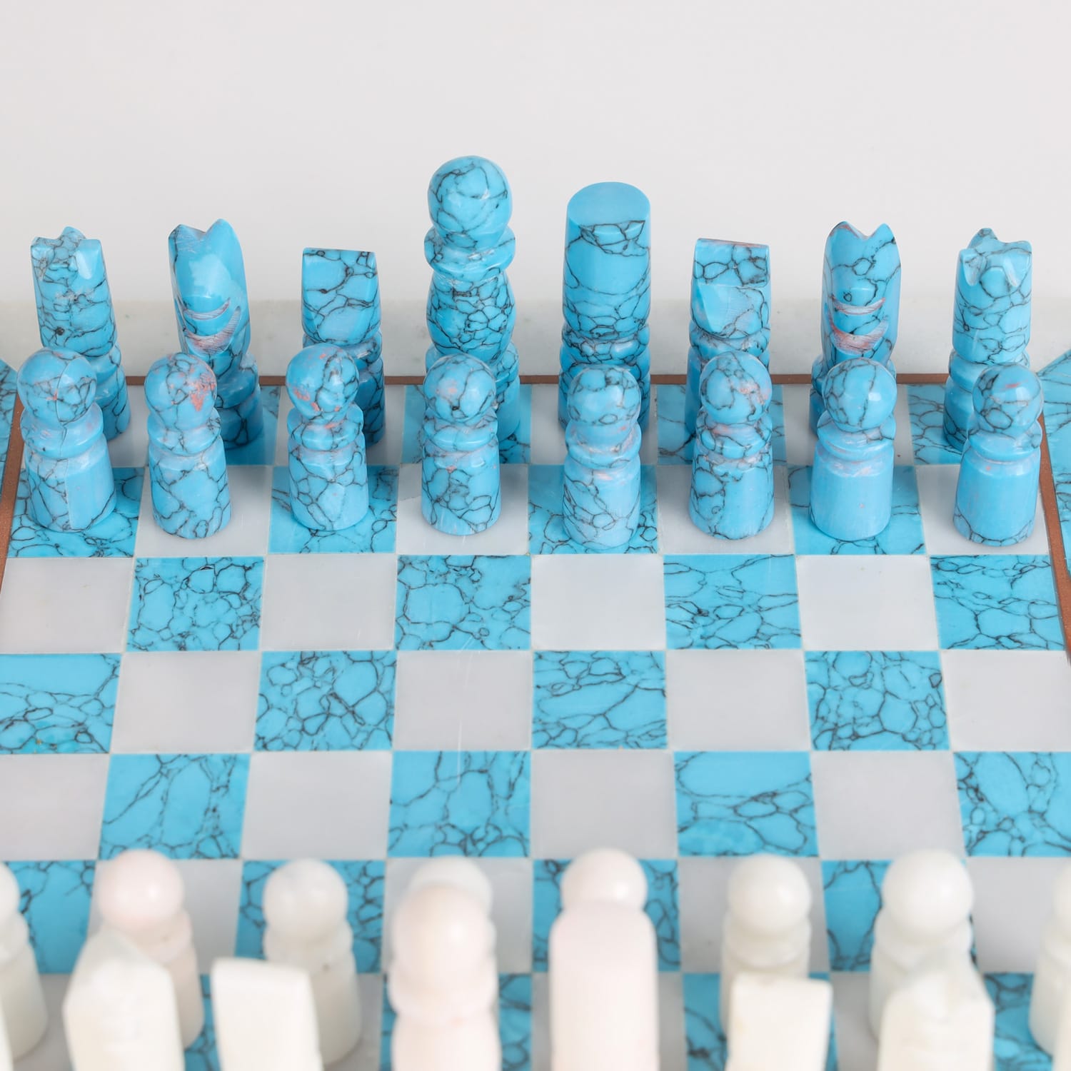 Handcrafted Blue & White Stone Chess Set with Box