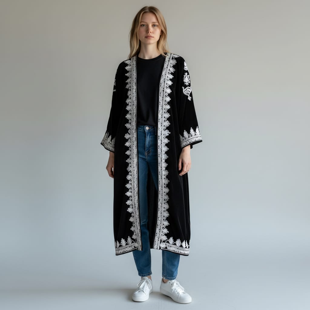 Black long Silk Velvet Coat Caftan Chapen