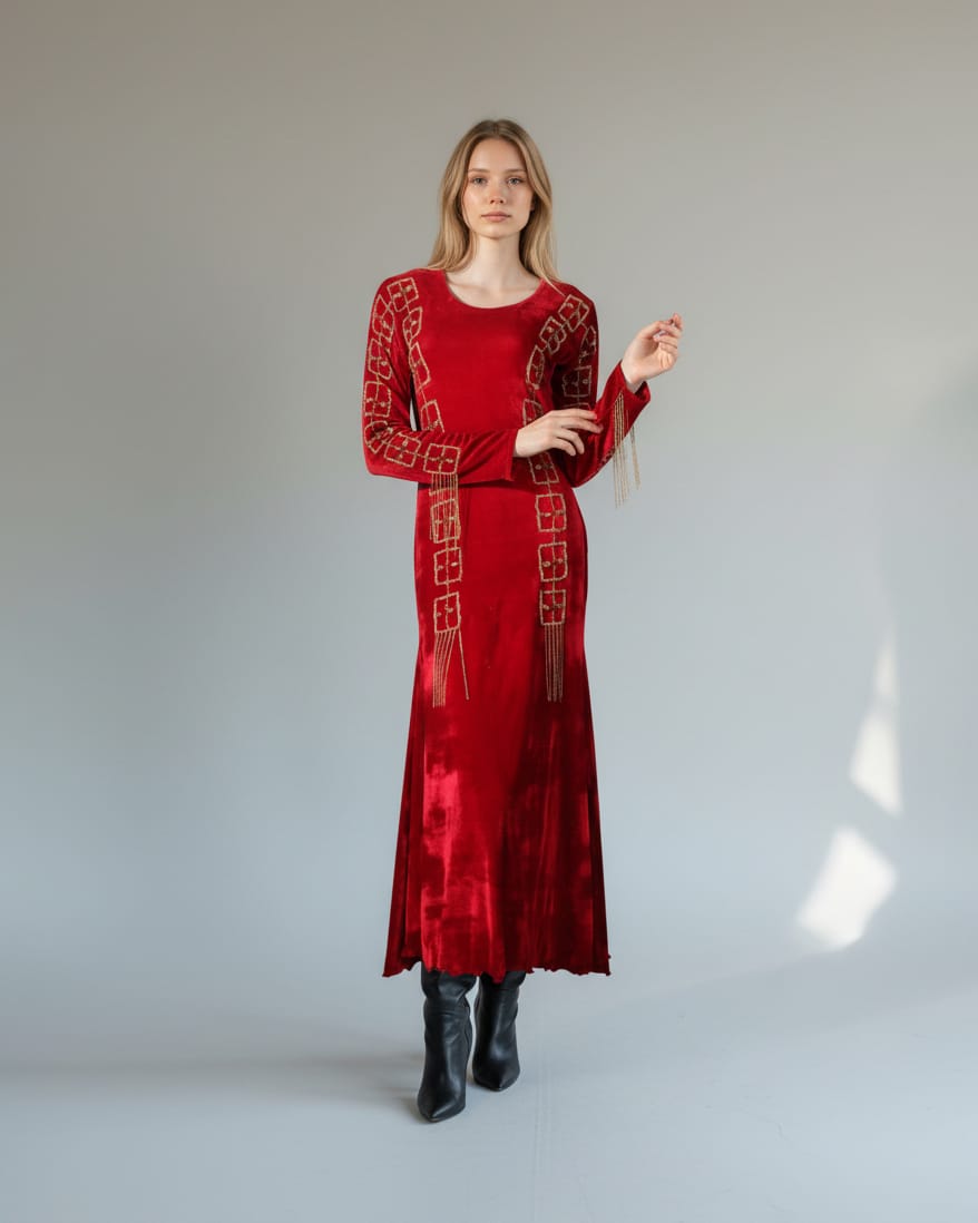 Handmade Embroidered Velvet Maxi Dress
