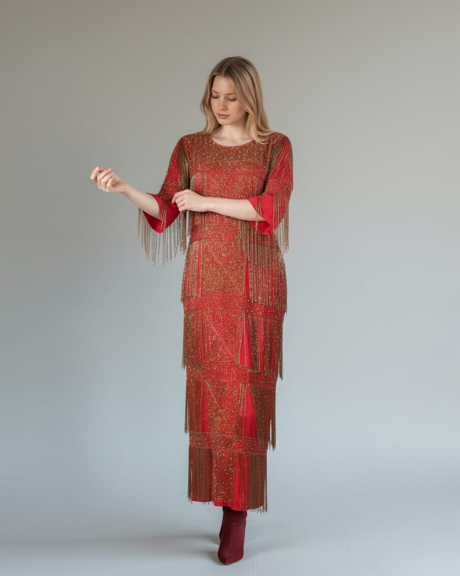 Hand Beaded Red Maxi Dress