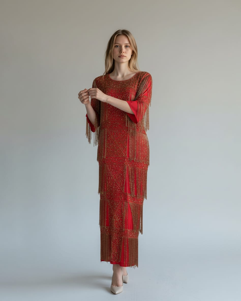 Hand Beaded Red Maxi Dress