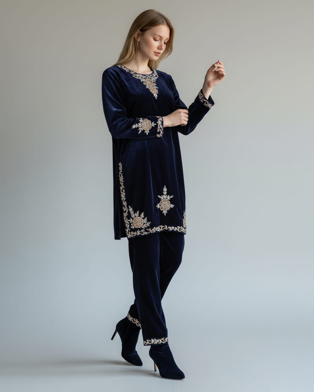 Silk Velvet Dress with Crystal Beadwork