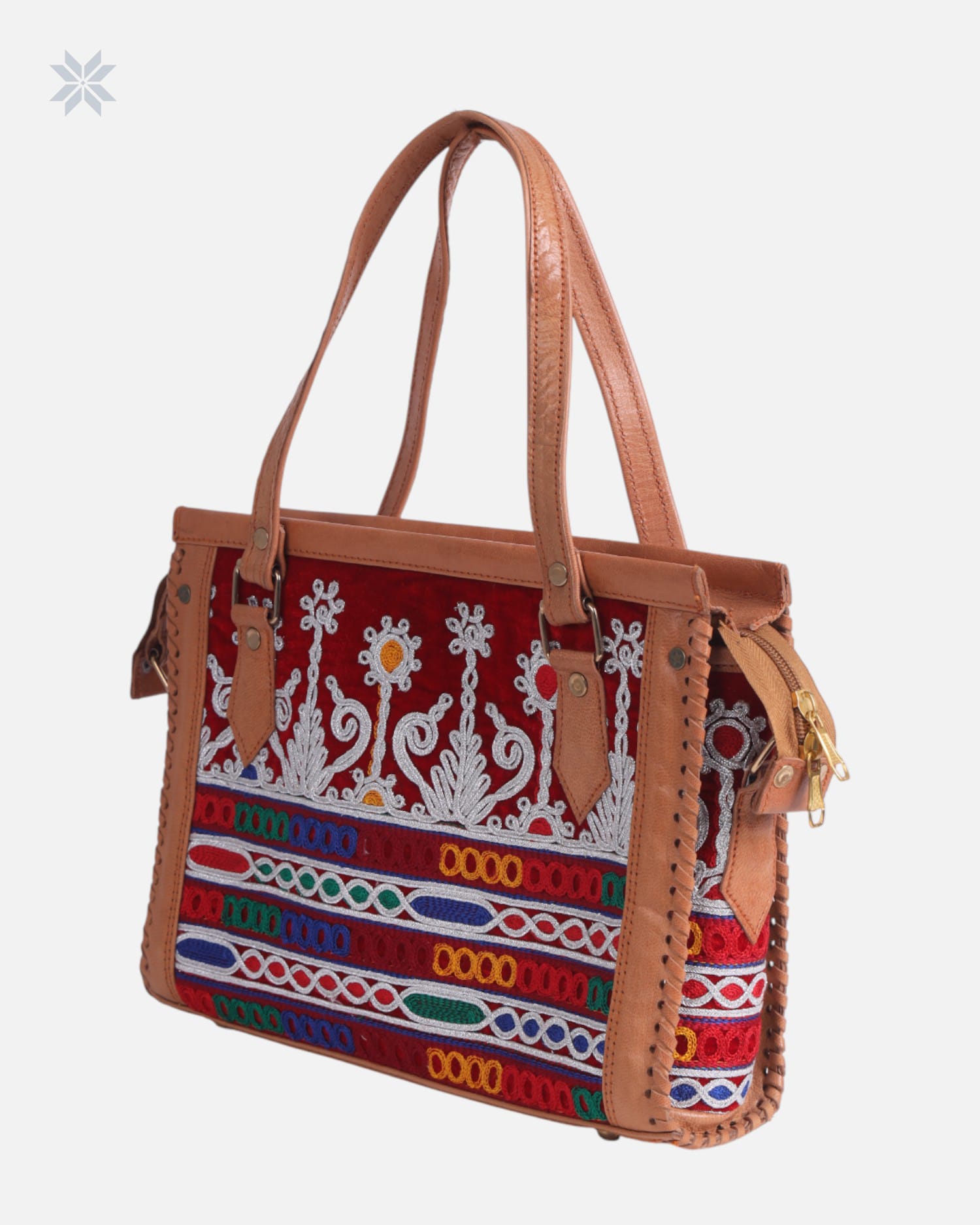 Leather & Embroidered Tote Bag