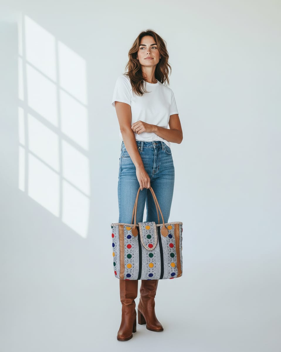Handcrafted Colorful Embroidered Leather Tote Bag