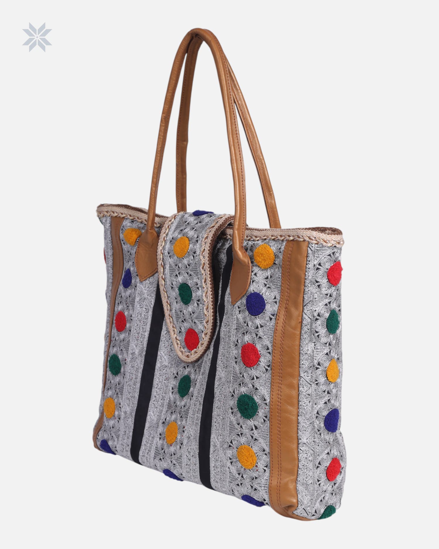 Handcrafted Colorful Embroidered Leather Tote Bag