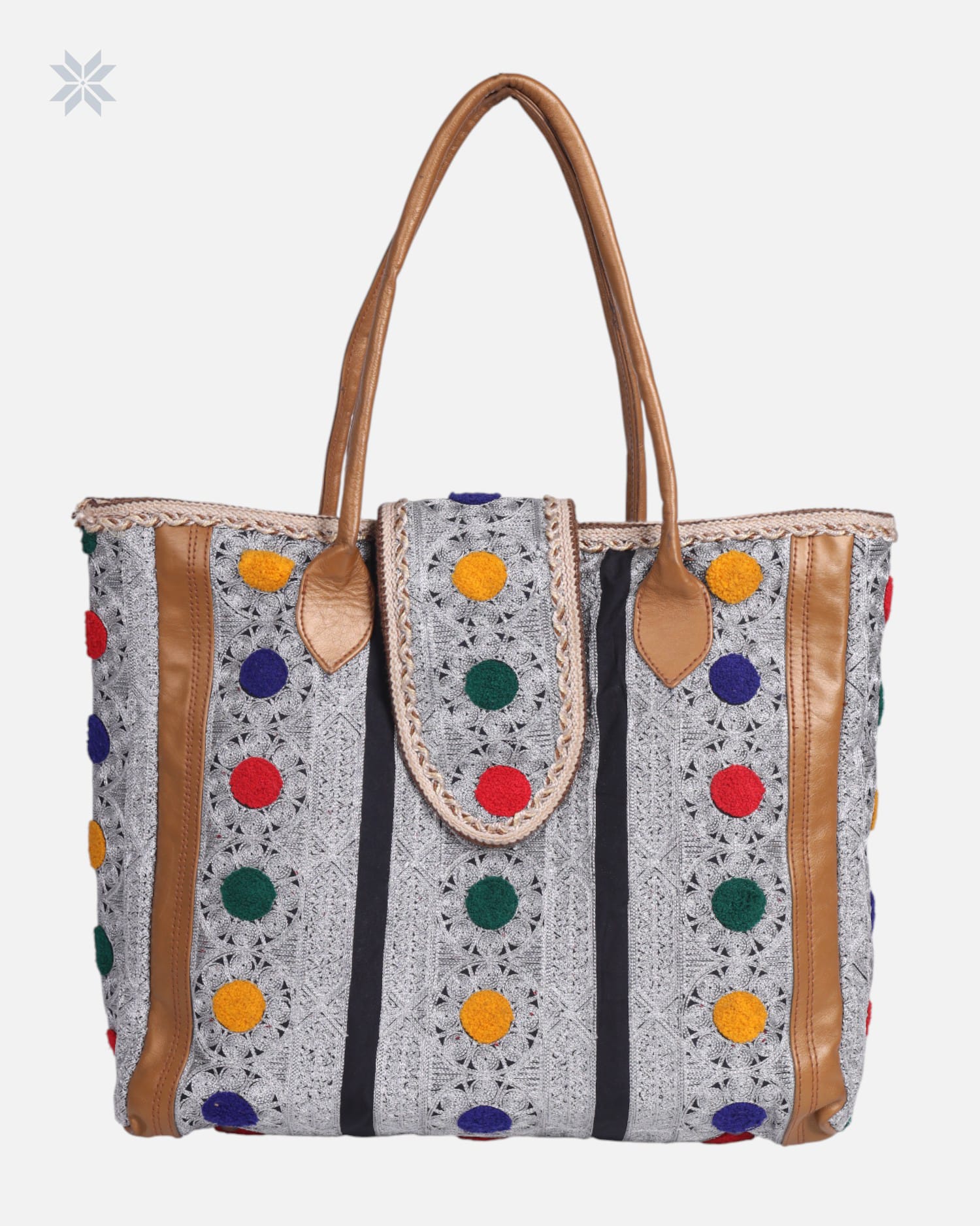 Handcrafted Colorful Embroidered Leather Tote Bag
