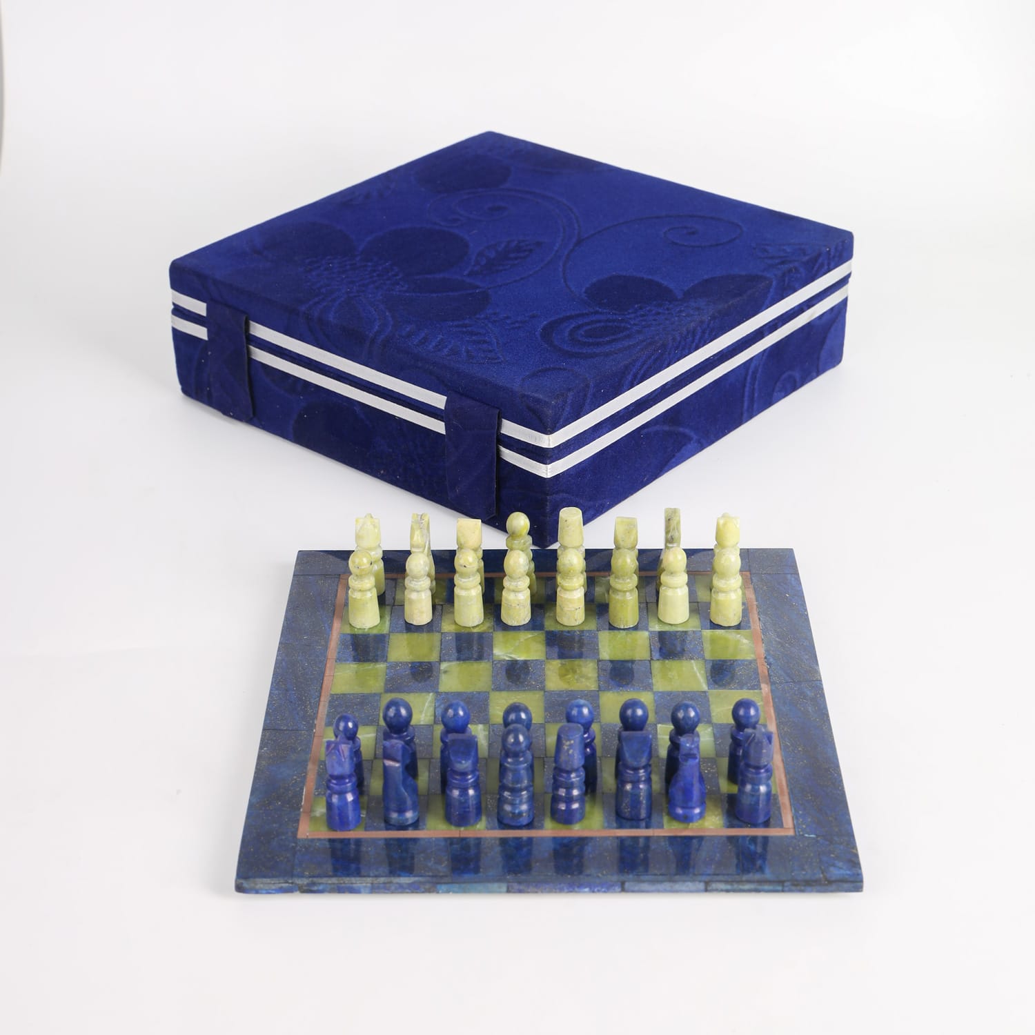 Handcrafted Chess Set Game Lapis Lazuli - Green Serpentine Stone 20x20cm