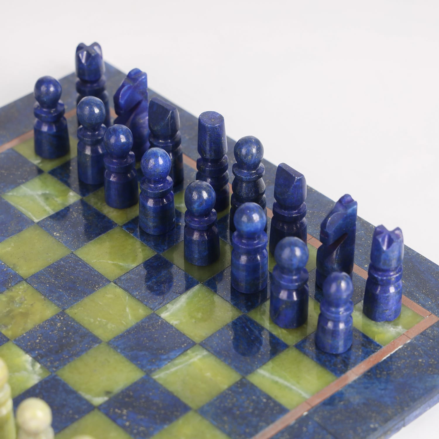 Handcrafted Chess Set Game Lapis Lazuli - Green Serpentine Stone 20x20cm