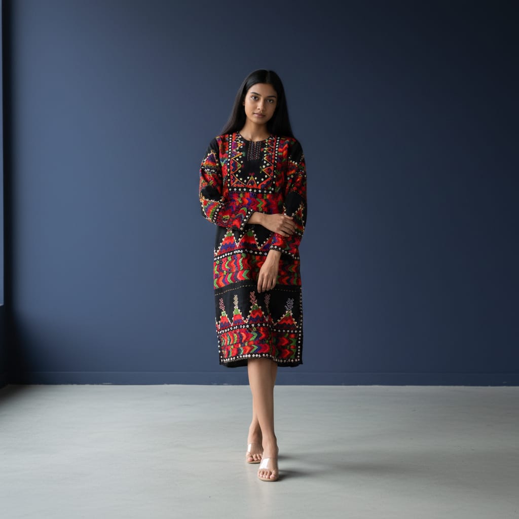 Nuristani Hand Embroidered Black Dress
