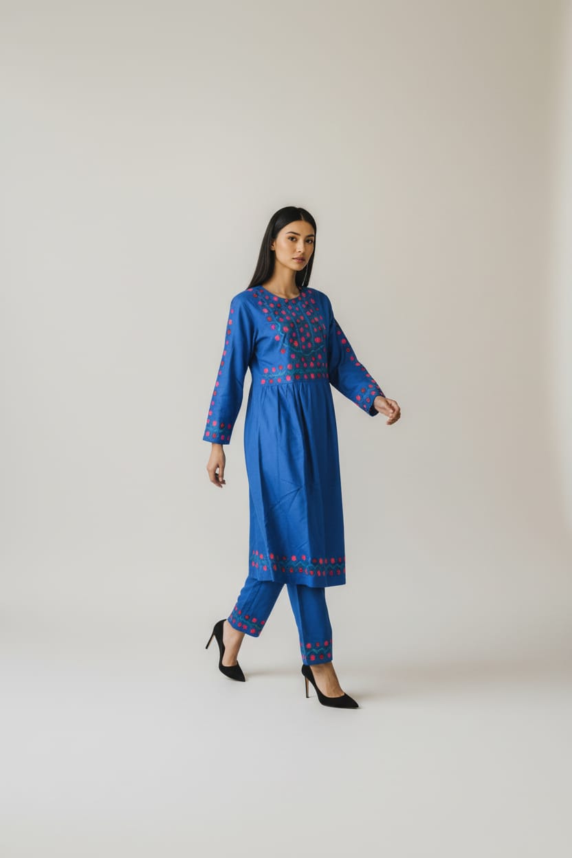 Hand-Embroidered Cotton Floral Dress & Pants Set for Women