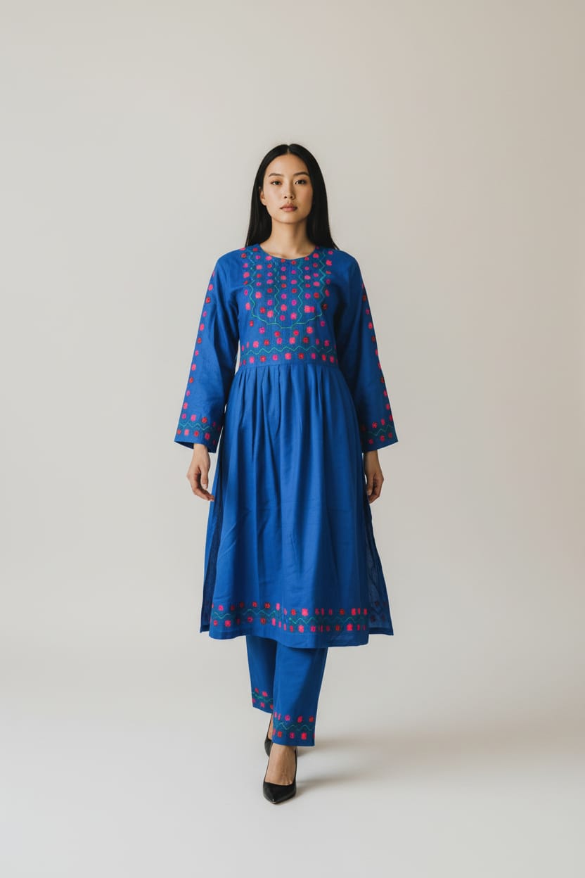 Hand-Embroidered Cotton Floral Dress & Pants Set for Women