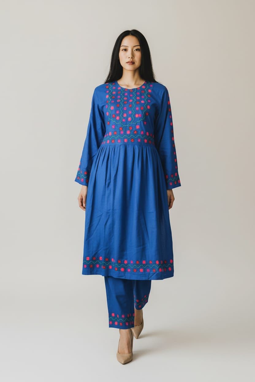 Hand-Embroidered Cotton Floral Dress & Pants Set for Women