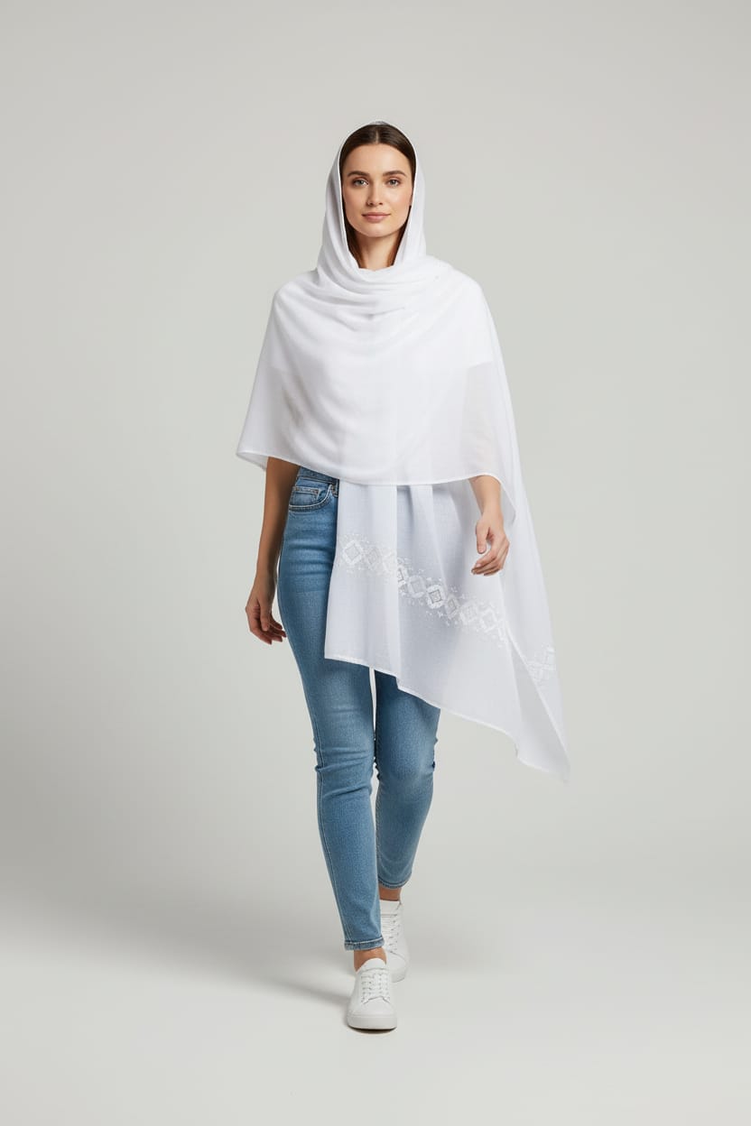 Floral White Embroidered Scarf