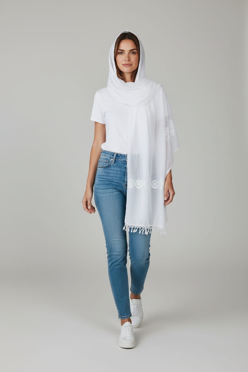 Floral White Embroidered Scarf
