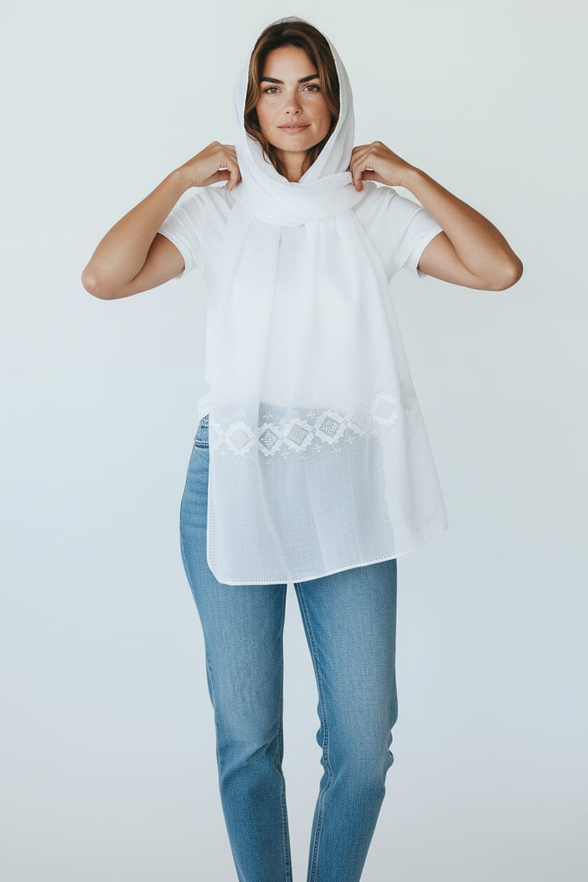 Floral White Embroidered Scarf