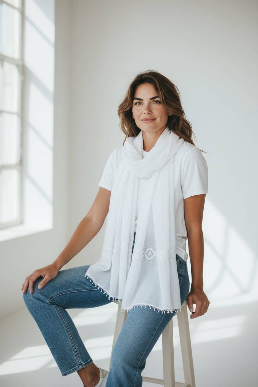 Floral White Embroidered Scarf