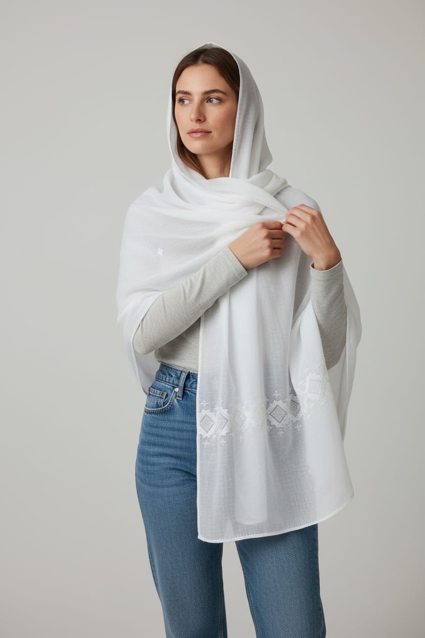 Floral White Embroidered Scarf