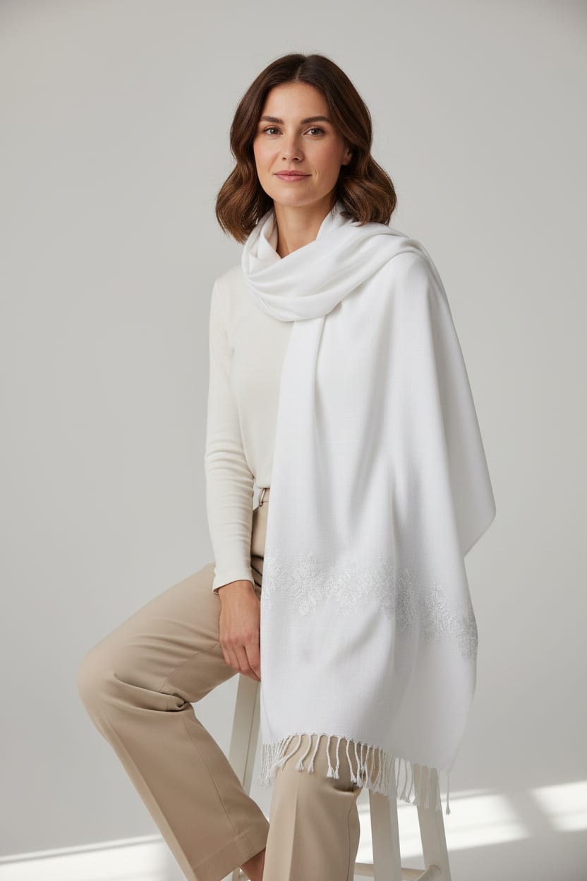 White Women’s Embroidered Scarf Wrap