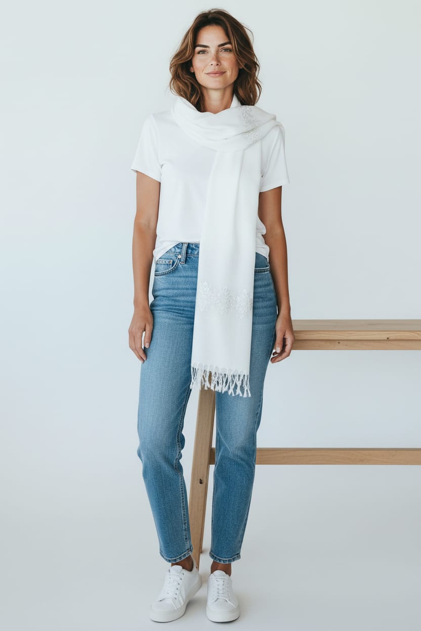 White Women’s Embroidered Scarf Wrap