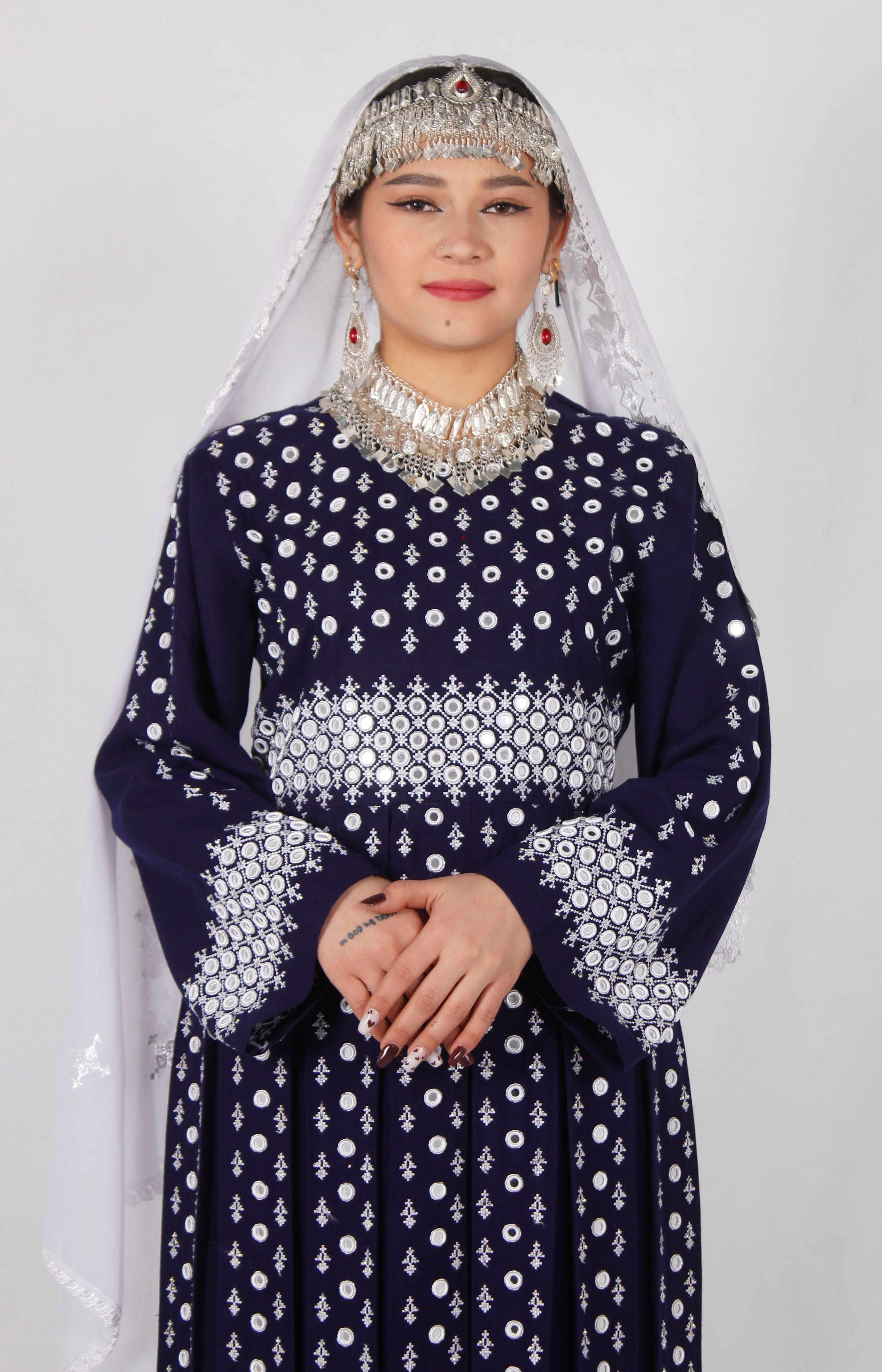 Blue Cotton Dress with Hand Embroidery, Mirror Work & Silver Jewelry