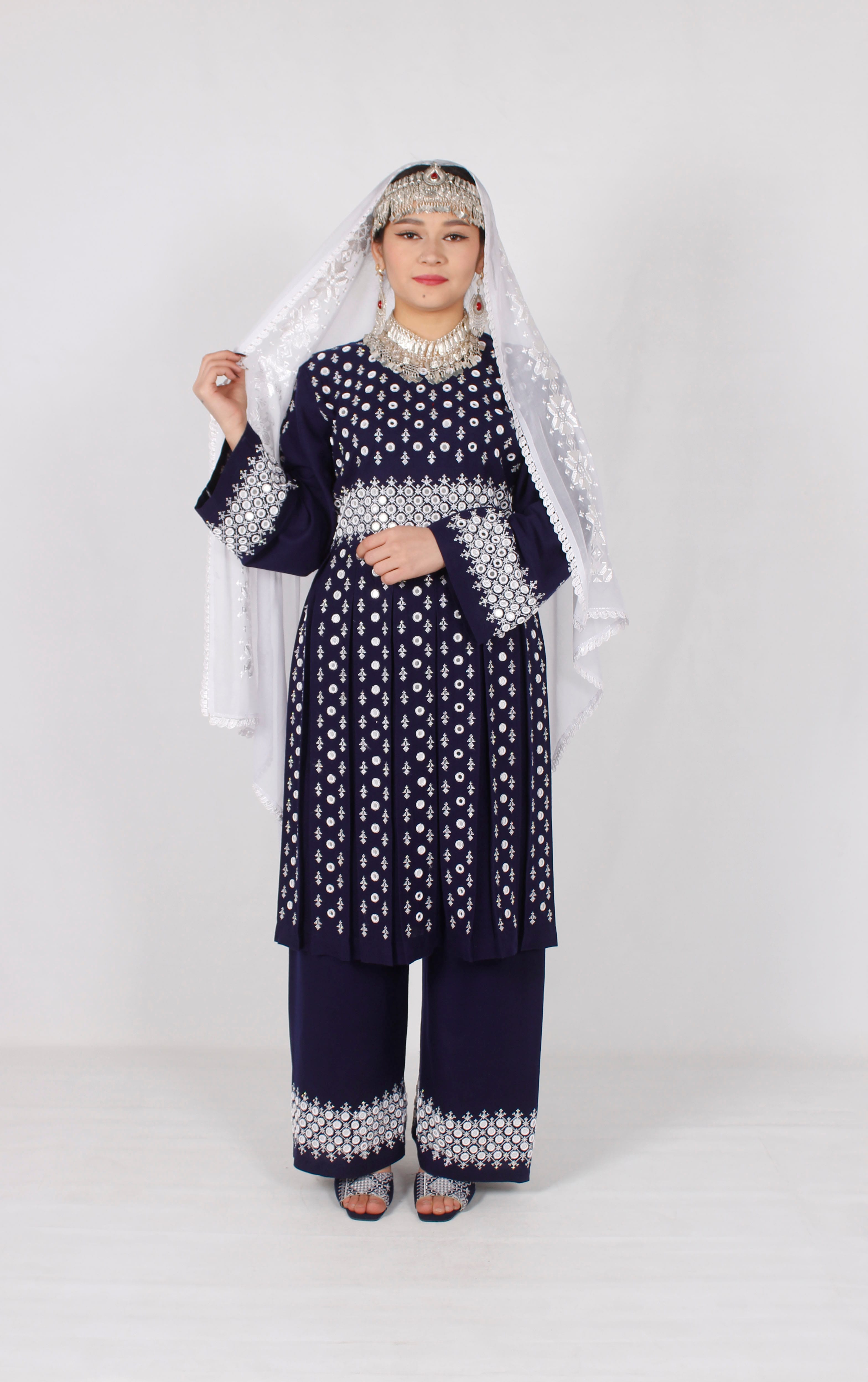 Blue Cotton Dress with Hand Embroidery, Mirror Work & Silver Jewelry