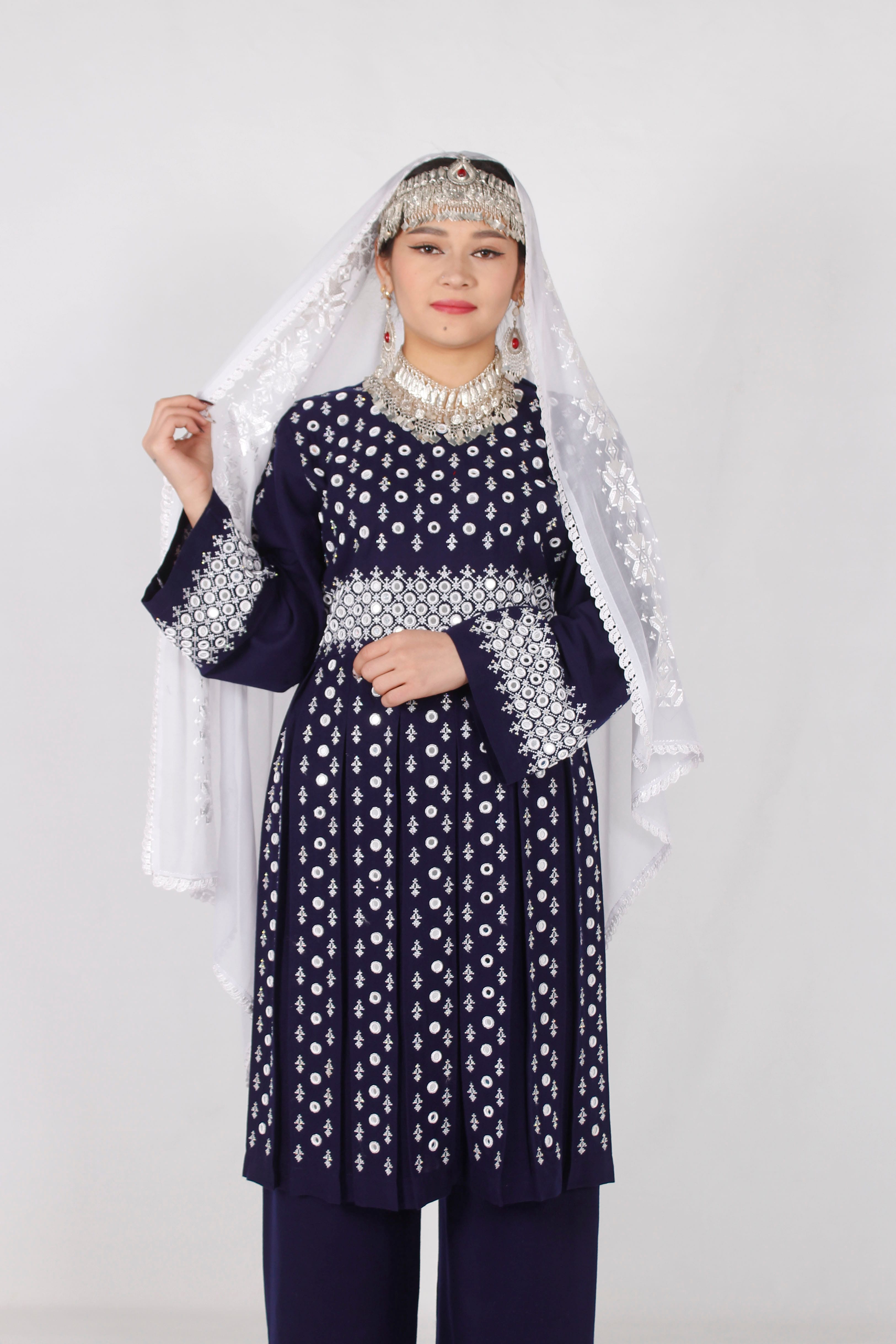 Blue Cotton Dress with Hand Embroidery, Mirror Work & Silver Jewelry