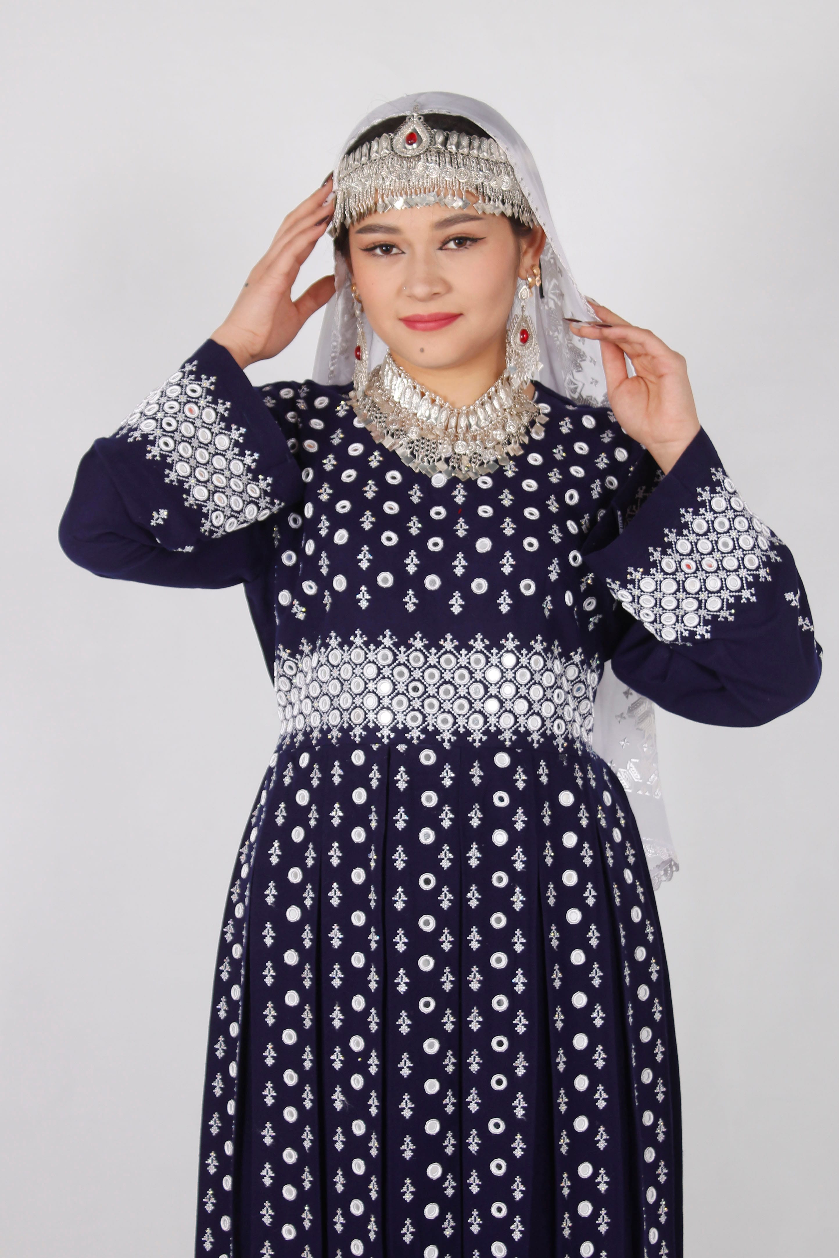 Blue Cotton Dress with Hand Embroidery, Mirror Work & Silver Jewelry