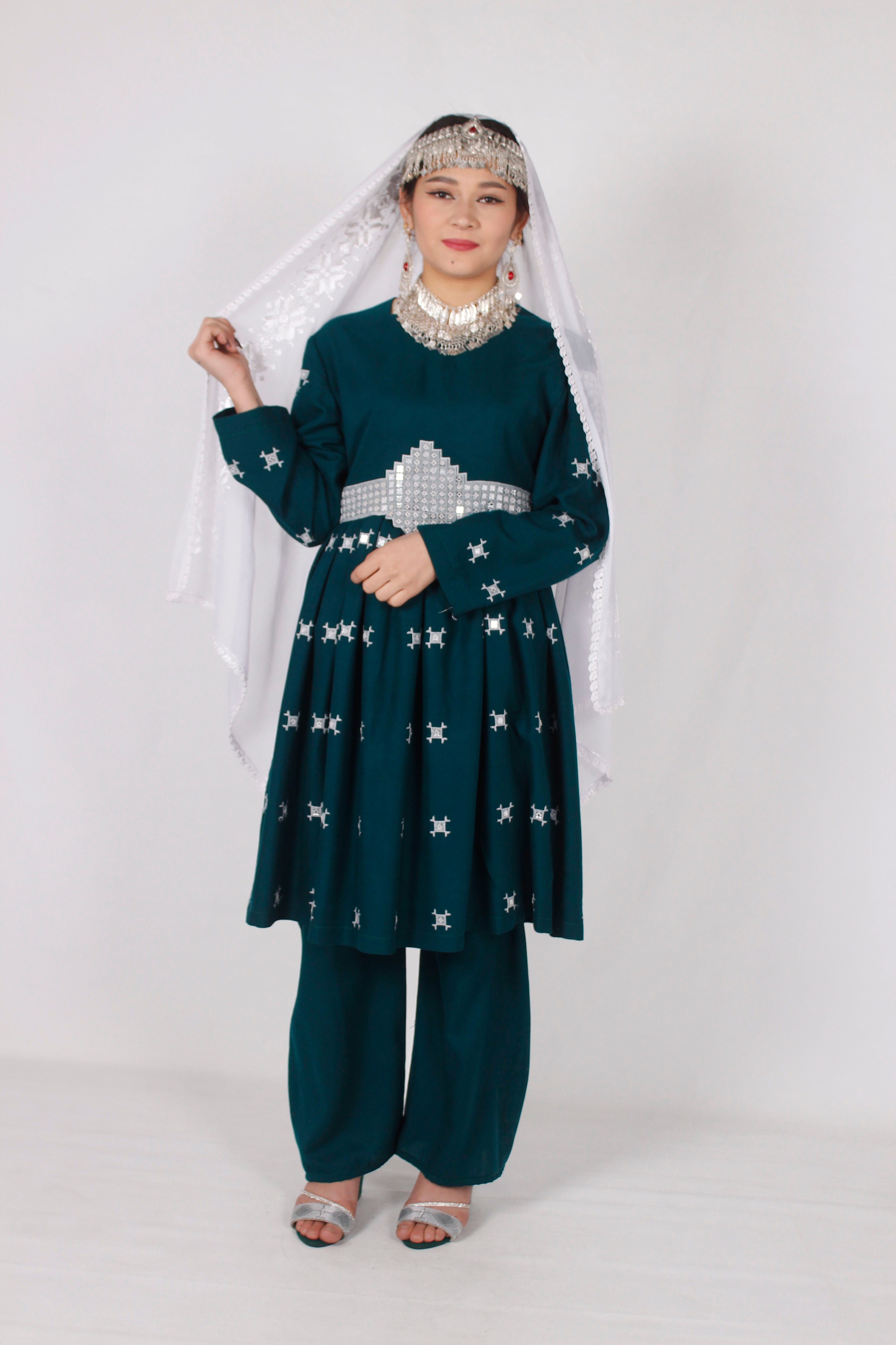 Green Cotton Dress with Machine Embroidery & Mirror Work