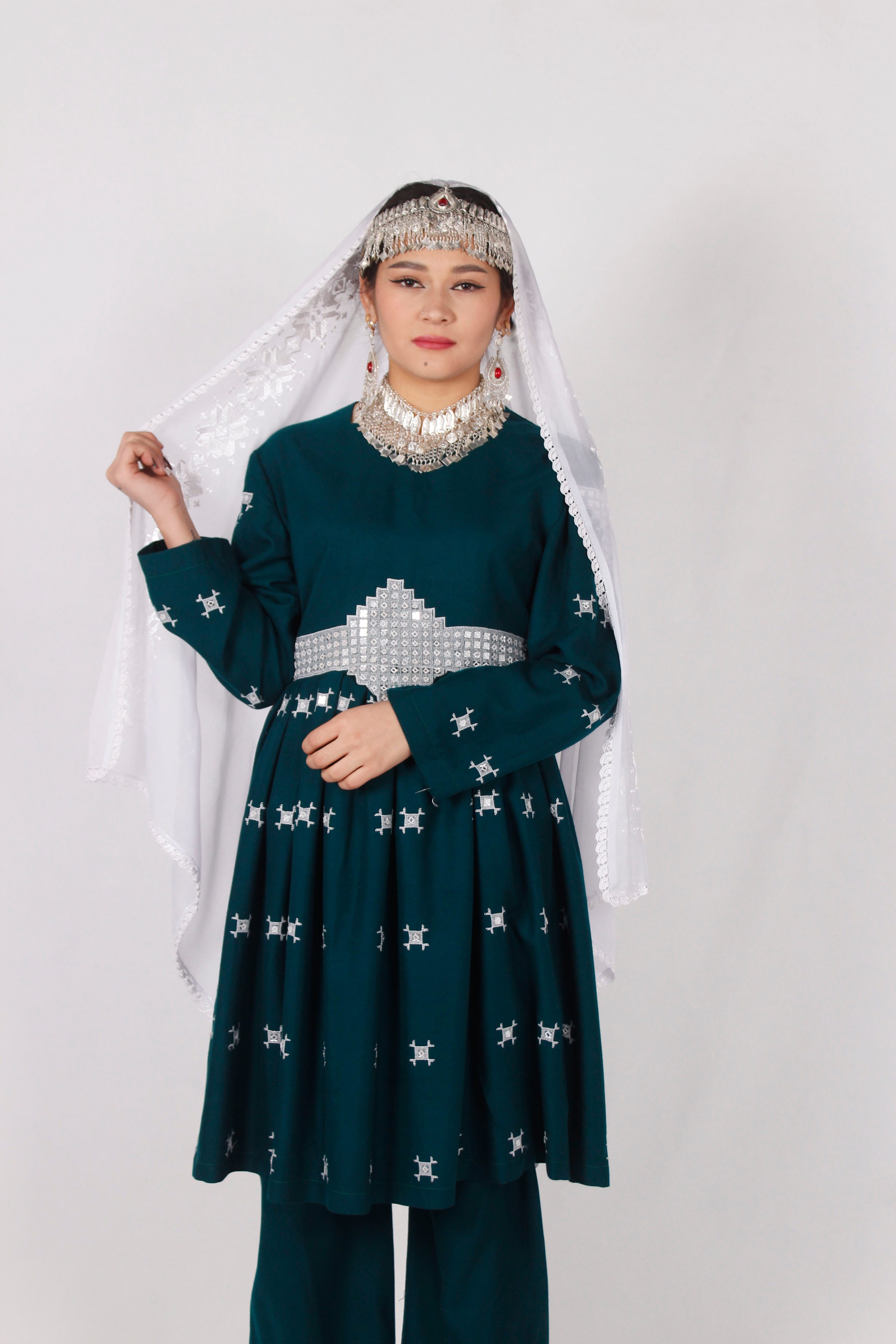 Green Cotton Dress with Machine Embroidery & Mirror Work
