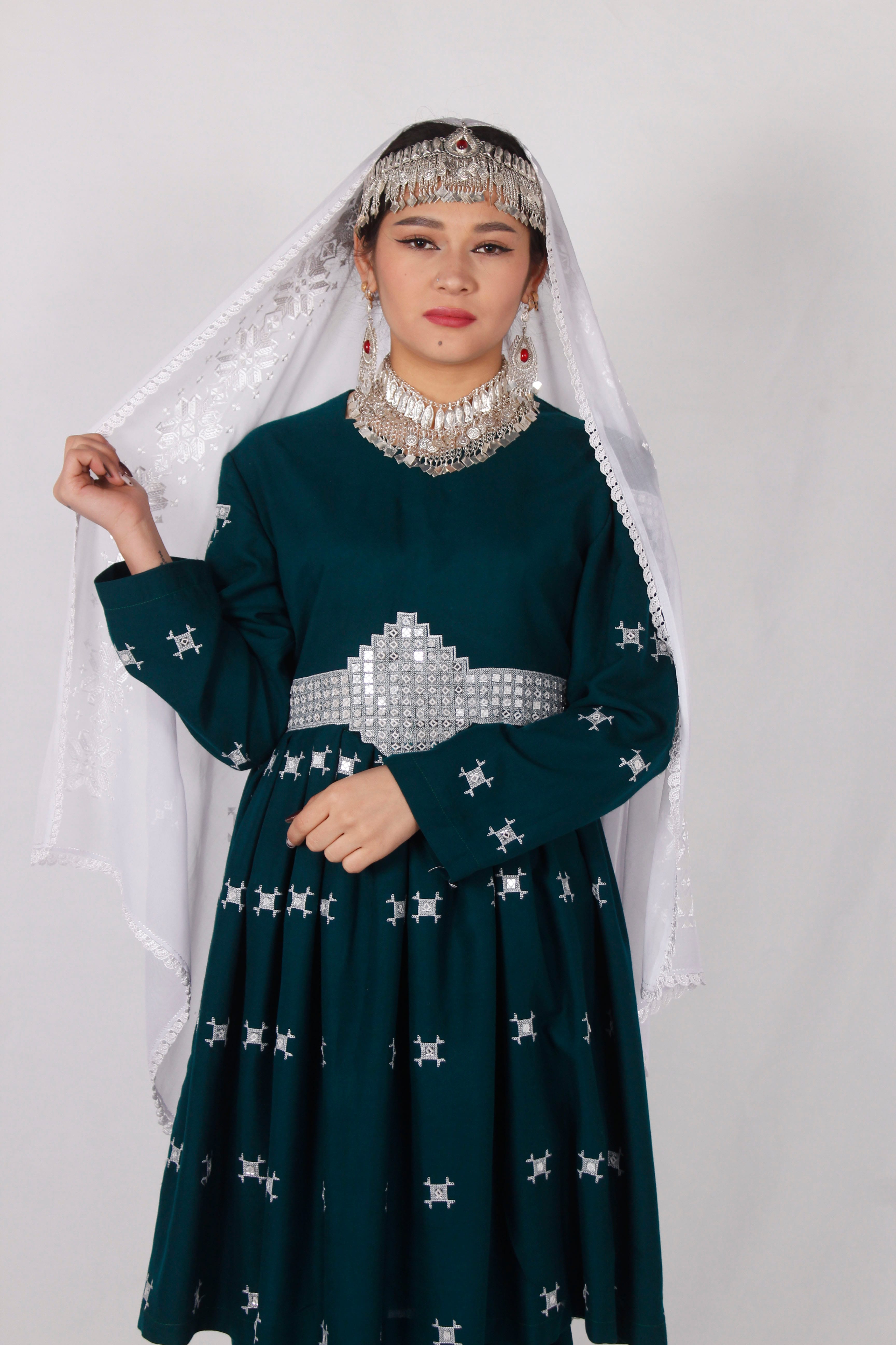 Green Cotton Dress with Machine Embroidery & Mirror Work