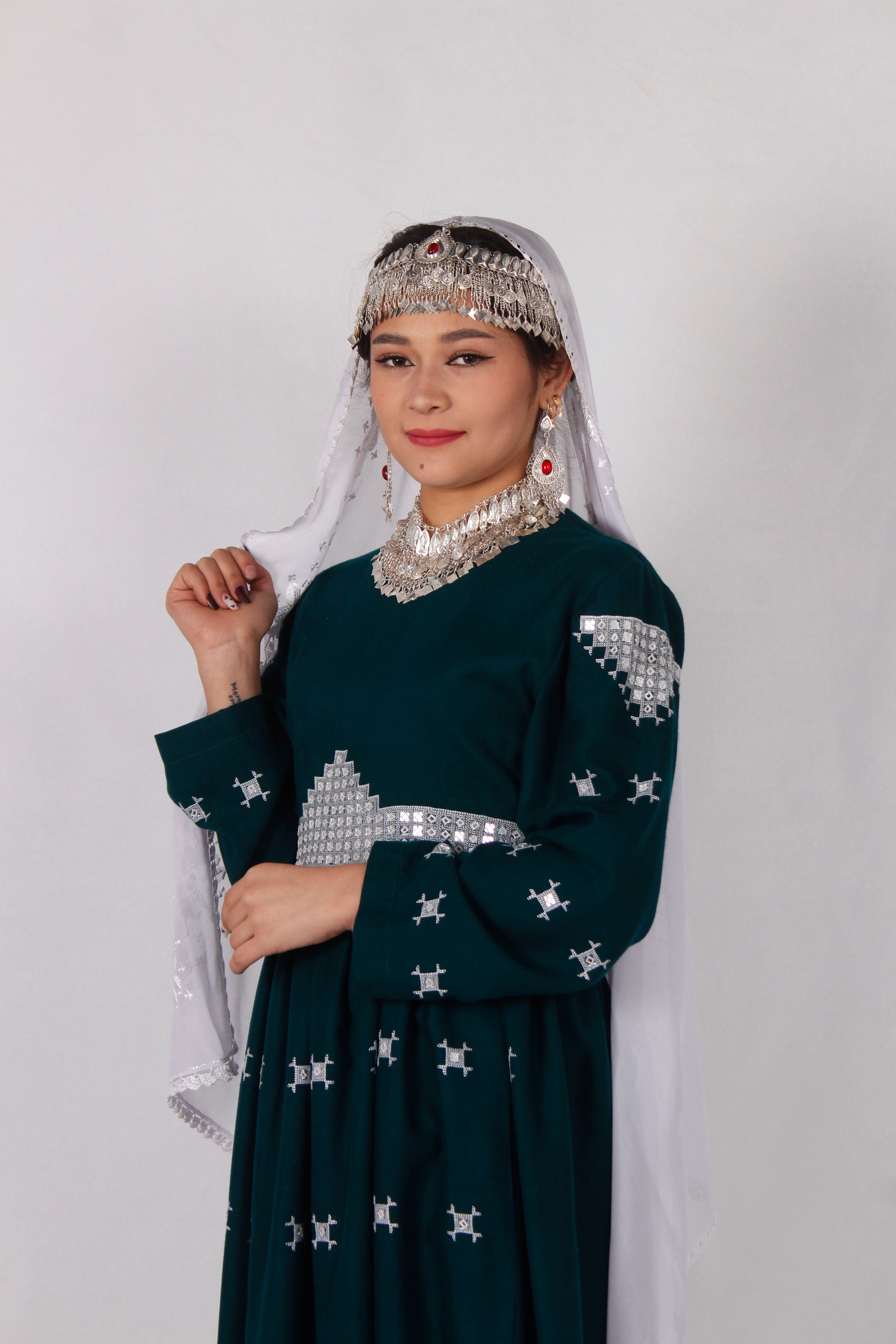 Green Cotton Dress with Machine Embroidery & Mirror Work