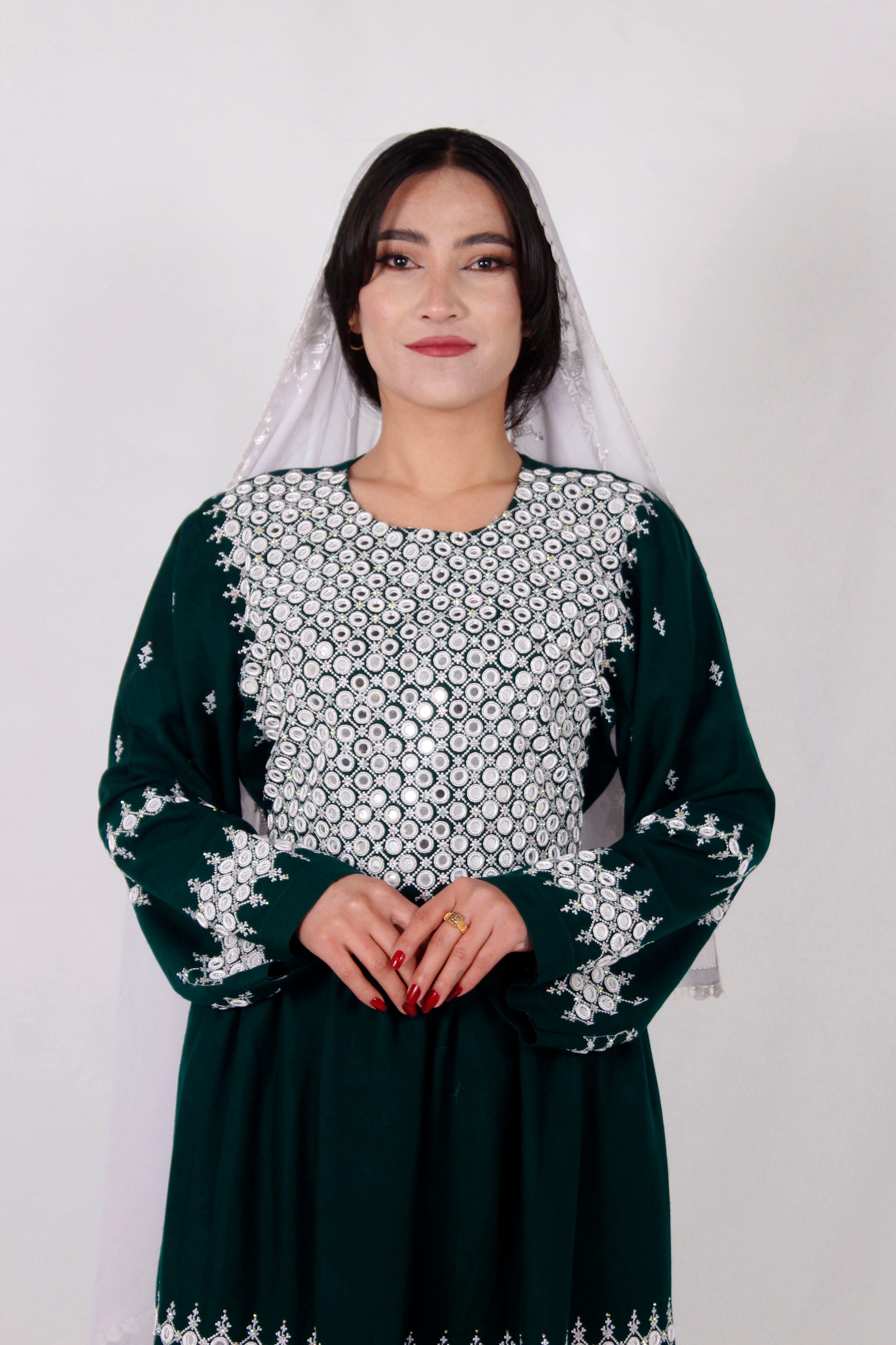 Green Cotton Dress Embroidery, Hand Mirror Work & Shawl - Cloth Sizes Women: Free Size Green Cotton Dress Embroidery, Hand Mirror Work & Shawl - Cloth Sizes Women: Free Size
