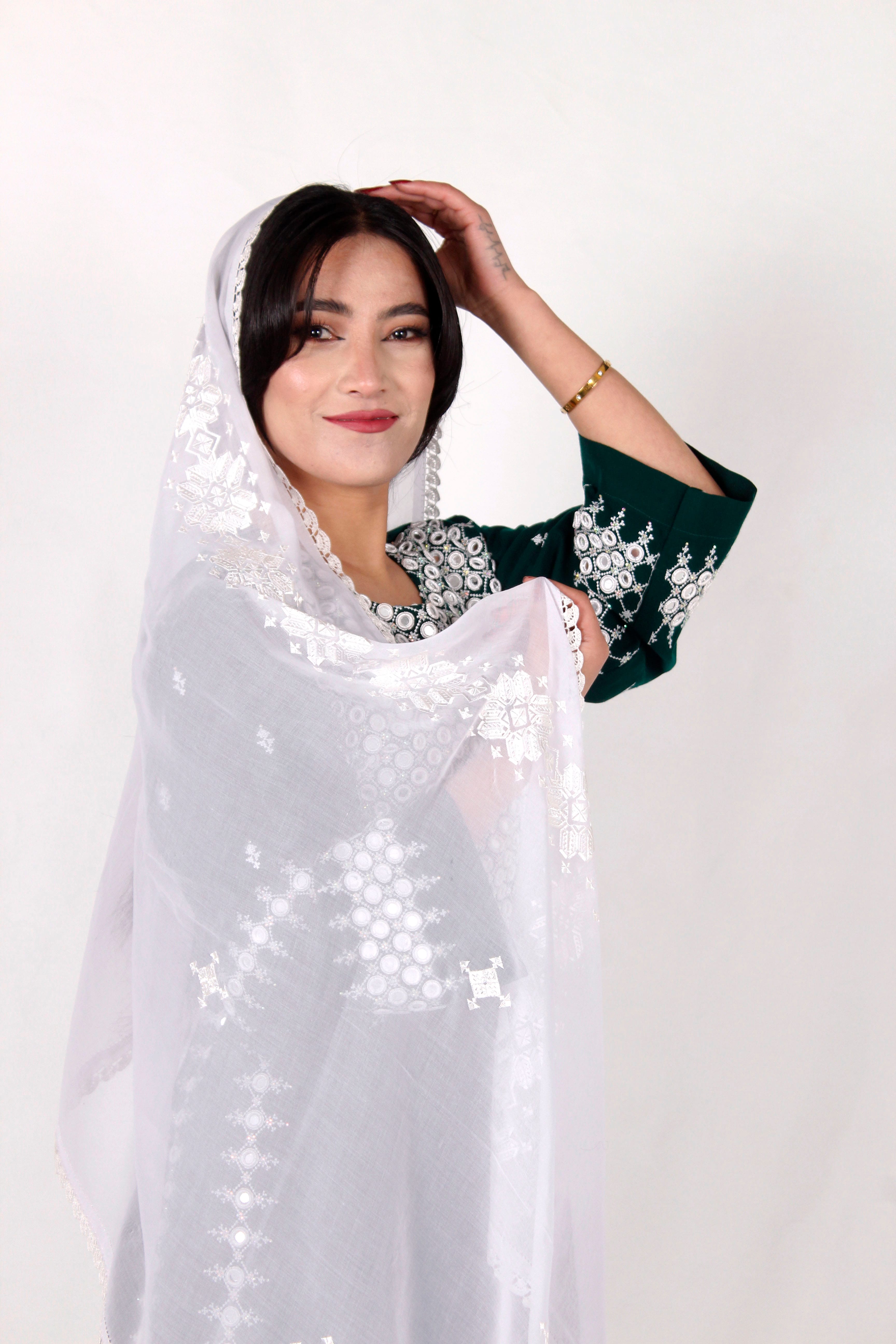 Green Cotton Dress Embroidery, Hand Mirror Work & Shawl